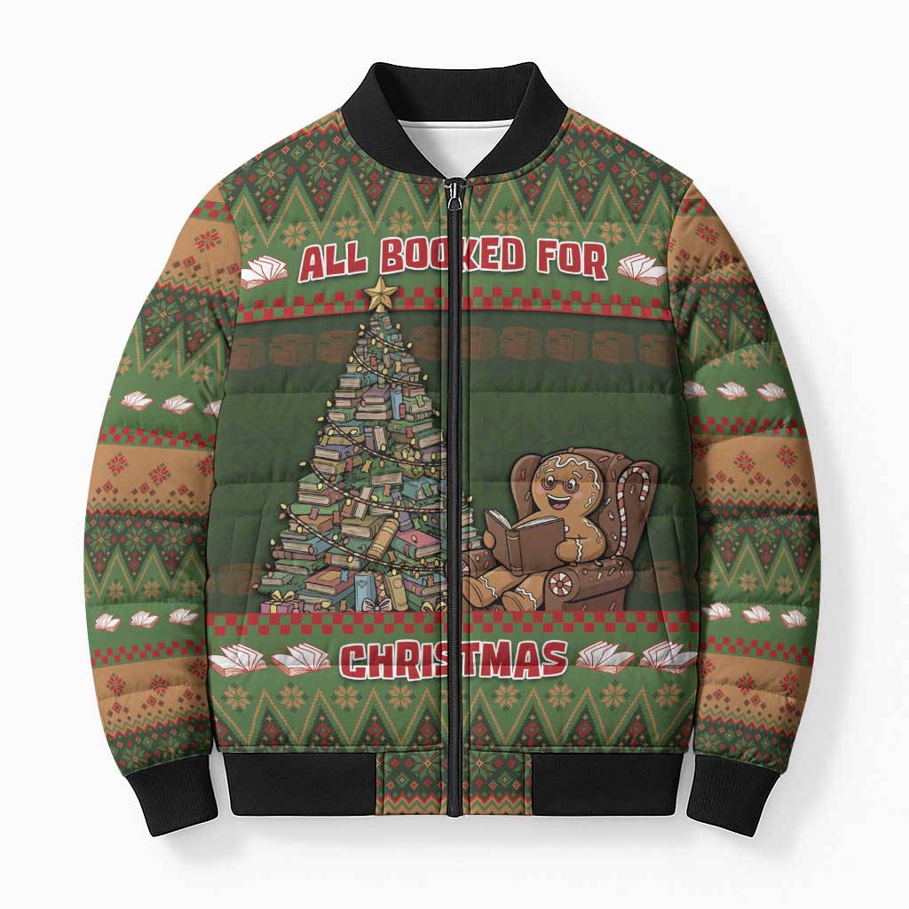Book Lovers Christmas Bomber Puffer Jacket Gingerbread With Xmas Book Tree - Wonder Print Shop