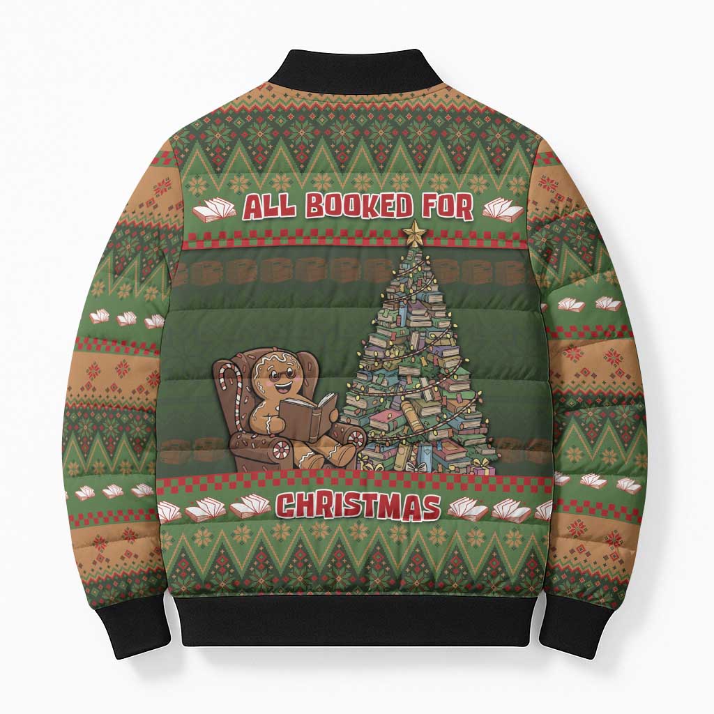Book Lovers Christmas Bomber Puffer Jacket Gingerbread With Xmas Book Tree - Wonder Print Shop