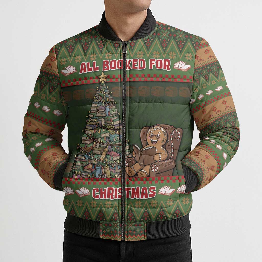 Book Lovers Christmas Bomber Puffer Jacket Gingerbread With Xmas Book Tree - Wonder Print Shop