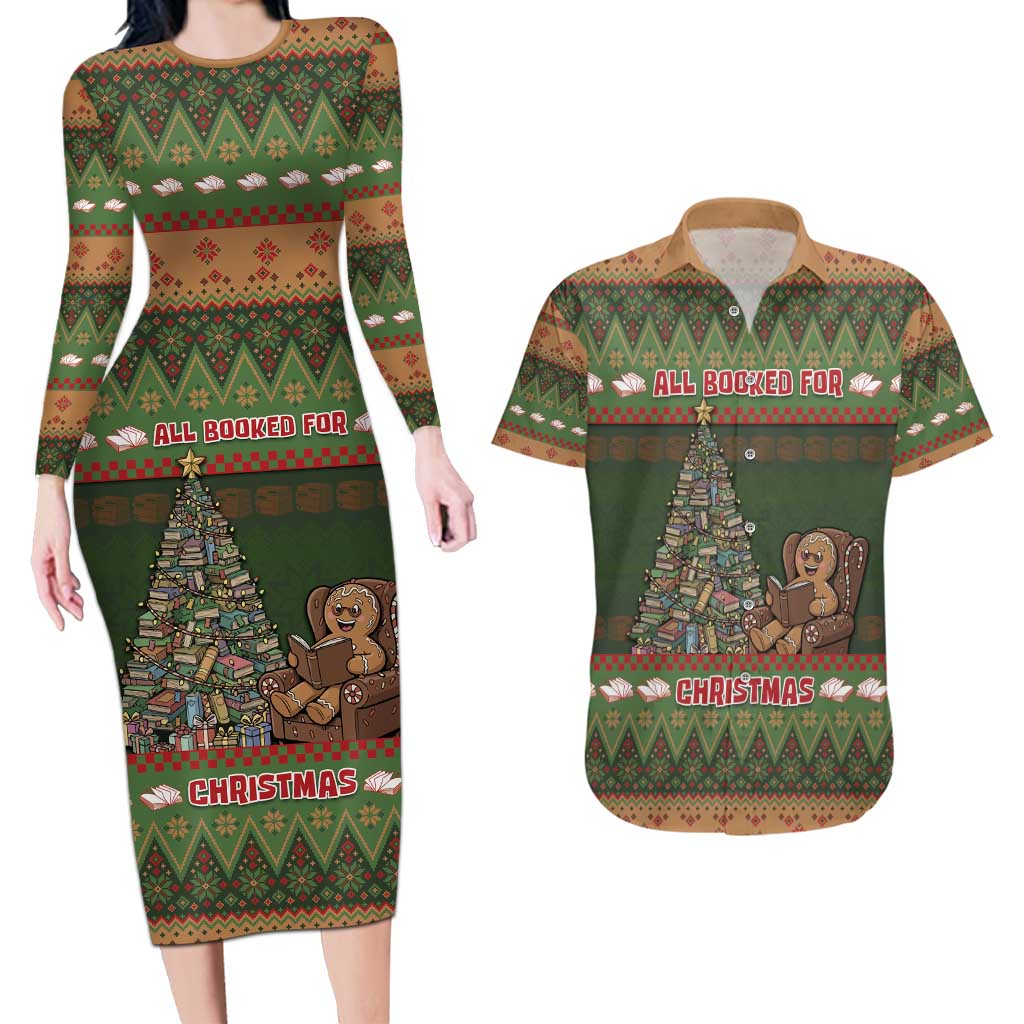 Book Lovers Christmas Couples Matching Long Sleeve Bodycon Dress and Hawaiian Shirt Gingerbread With Xmas Book Tree - Wonder Print Shop
