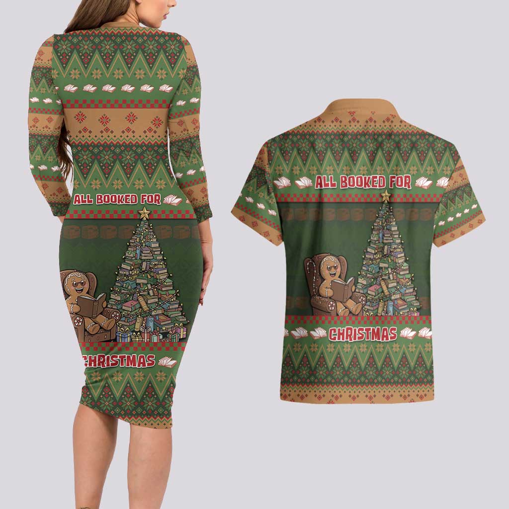 Book Lovers Christmas Couples Matching Long Sleeve Bodycon Dress and Hawaiian Shirt Gingerbread With Xmas Book Tree - Wonder Print Shop