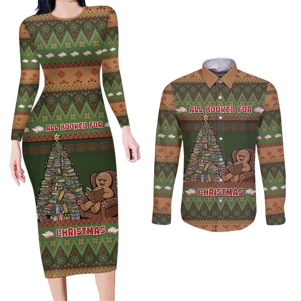Book Lovers Christmas Couples Matching Long Sleeve Bodycon Dress and Long Sleeve Button Shirt Gingerbread With Xmas Book Tree - Wonder Print Shop
