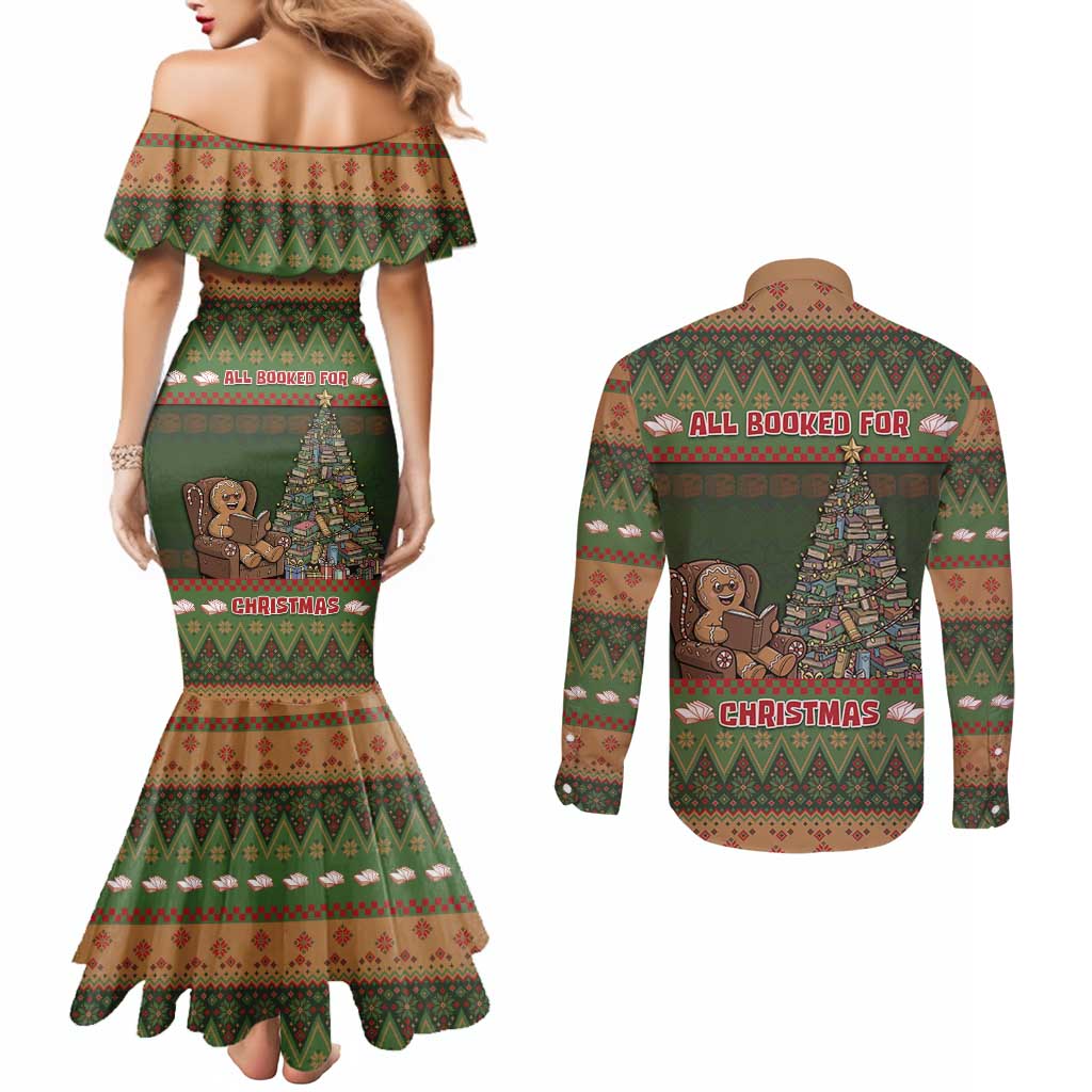Book Lovers Christmas Couples Matching Mermaid Dress and Long Sleeve Button Shirt Gingerbread With Xmas Book Tree - Wonder Print Shop