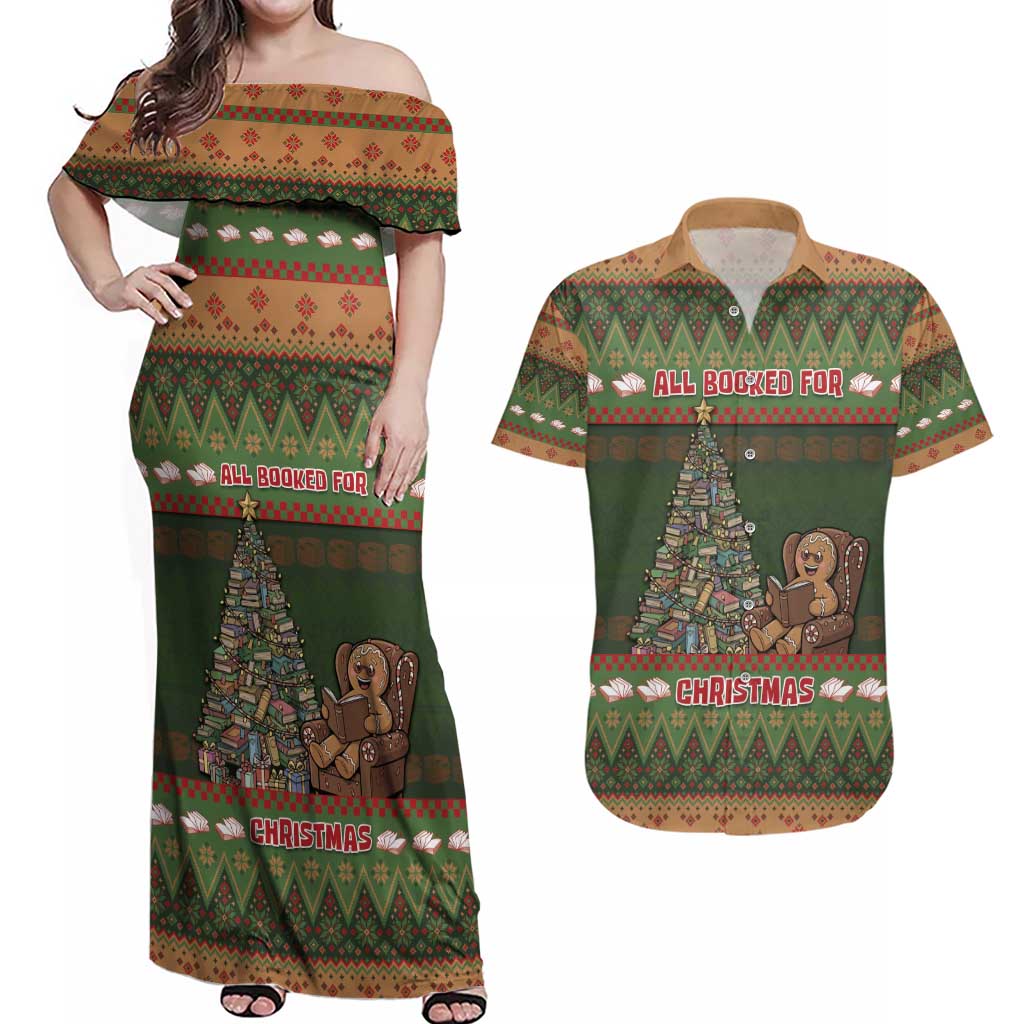 Book Lovers Christmas Couples Matching Off Shoulder Maxi Dress and Hawaiian Shirt Gingerbread With Xmas Book Tree - Wonder Print Shop
