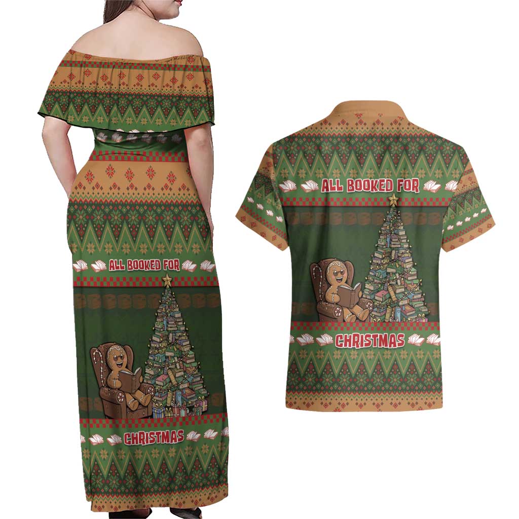 Book Lovers Christmas Couples Matching Off Shoulder Maxi Dress and Hawaiian Shirt Gingerbread With Xmas Book Tree - Wonder Print Shop