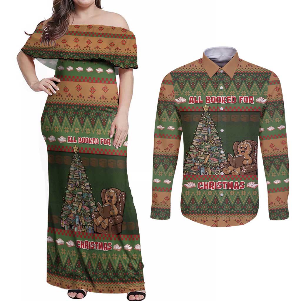 Book Lovers Christmas Couples Matching Off Shoulder Maxi Dress and Long Sleeve Button Shirt Gingerbread With Xmas Book Tree - Wonder Print Shop