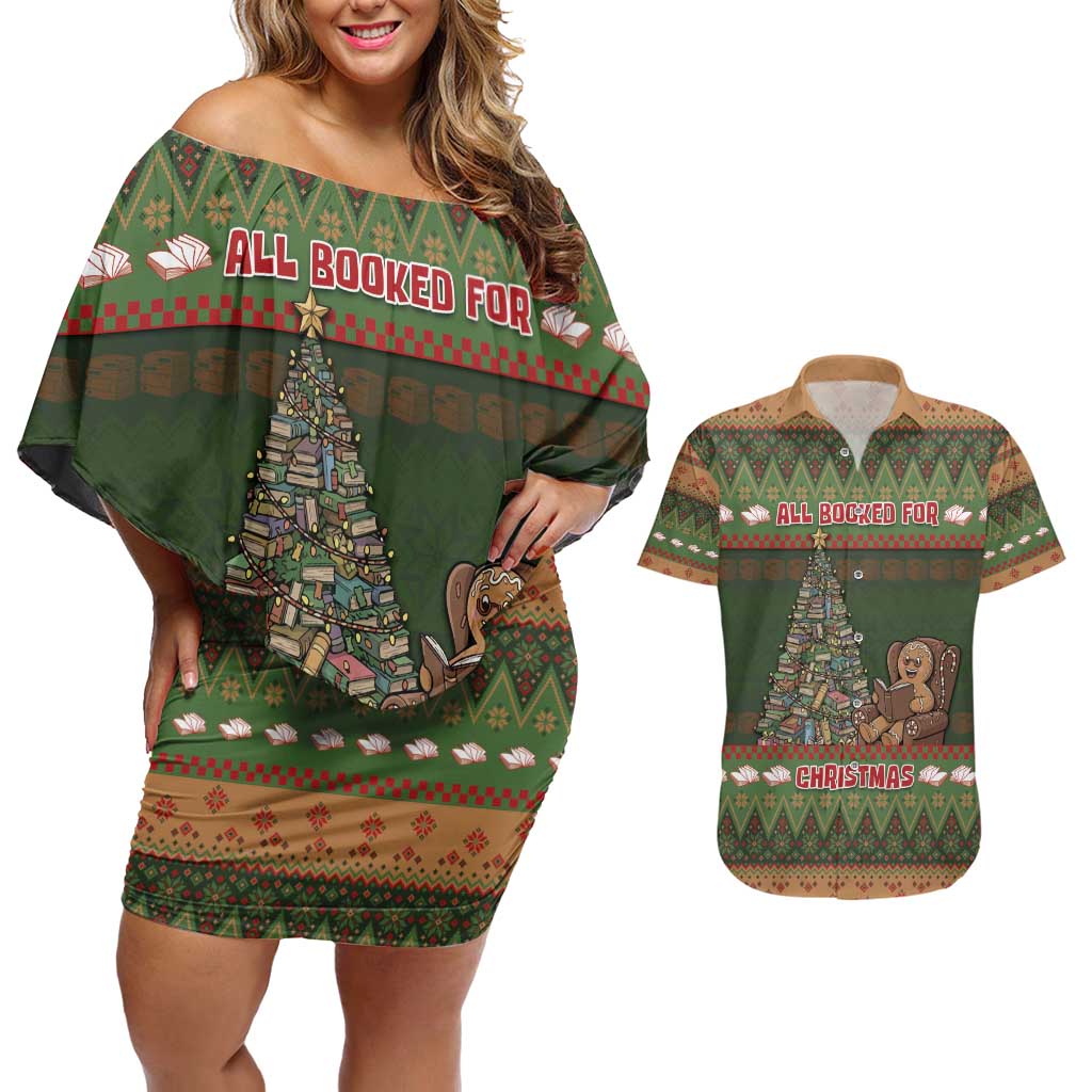 Book Lovers Christmas Couples Matching Off Shoulder Short Dress and Hawaiian Shirt Gingerbread With Xmas Book Tree - Wonder Print Shop
