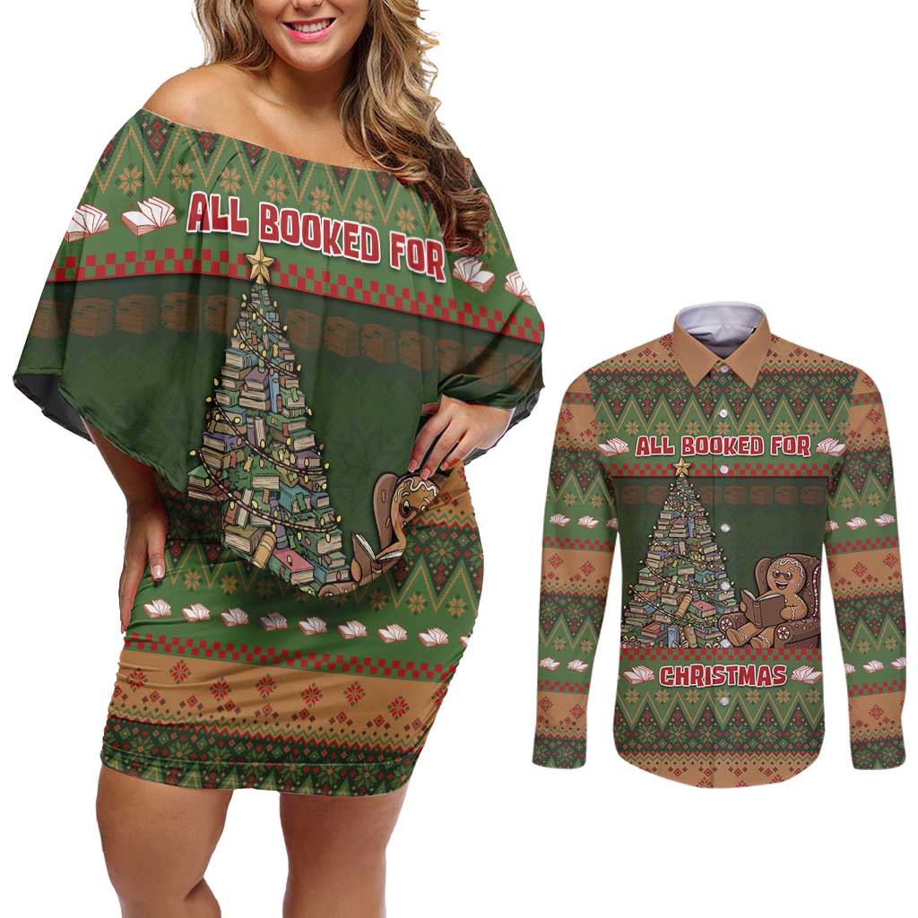 Book Lovers Christmas Couples Matching Off Shoulder Short Dress and Long Sleeve Button Shirt Gingerbread With Xmas Book Tree - Wonder Print Shop