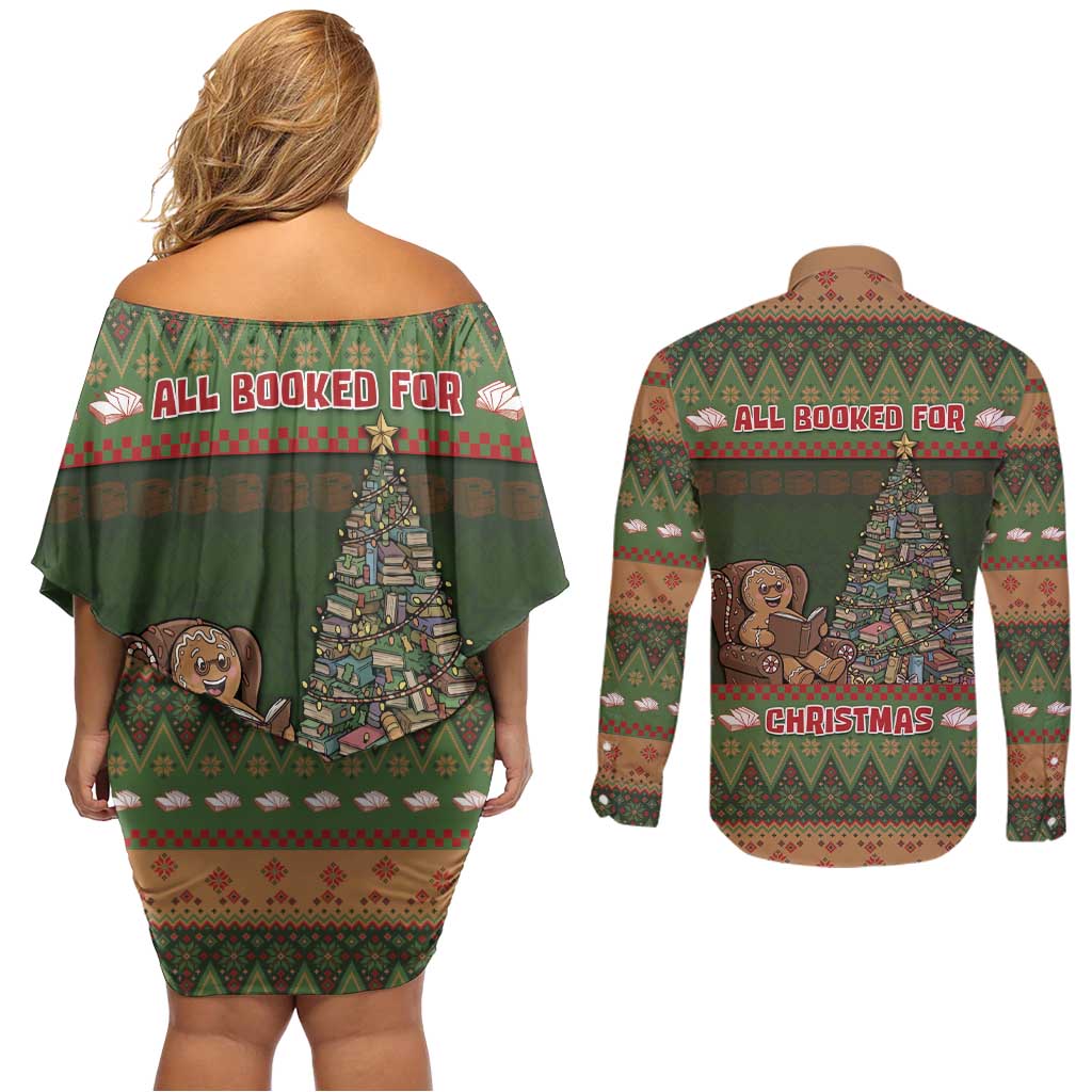 Book Lovers Christmas Couples Matching Off Shoulder Short Dress and Long Sleeve Button Shirt Gingerbread With Xmas Book Tree - Wonder Print Shop