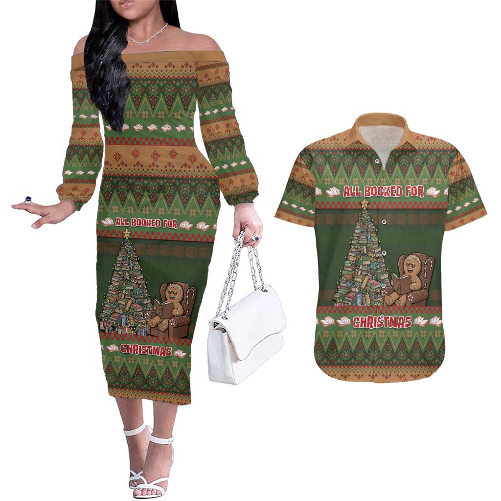 Book Lovers Christmas Couples Matching Off The Shoulder Long Sleeve Dress and Hawaiian Shirt Gingerbread With Xmas Book Tree - Wonder Print Shop