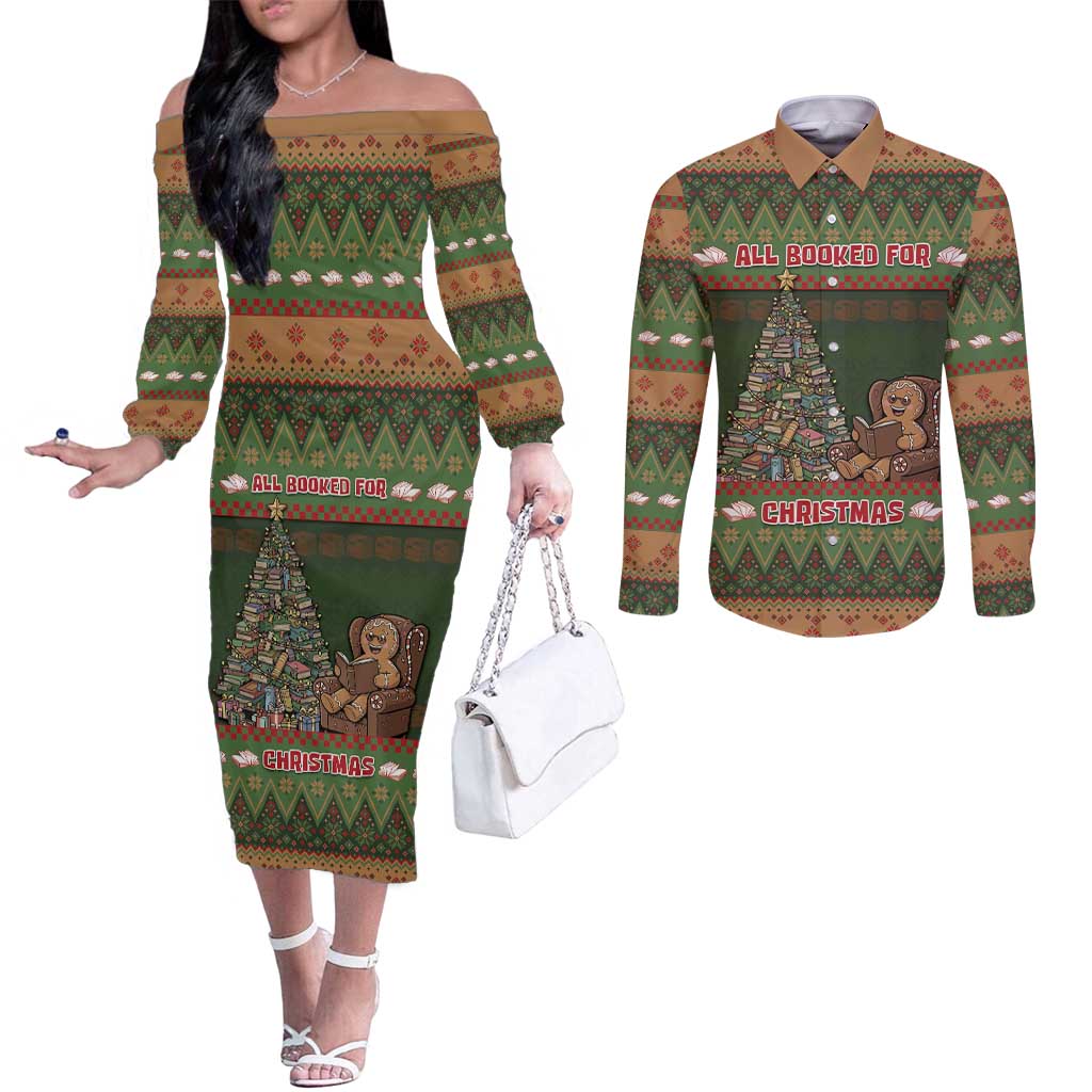 Book Lovers Christmas Couples Matching Off The Shoulder Long Sleeve Dress and Long Sleeve Button Shirt Gingerbread With Xmas Book Tree - Wonder Print Shop