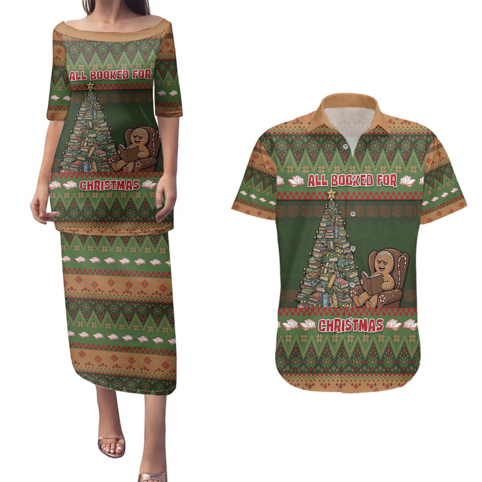 Book Lovers Christmas Couples Matching Puletasi and Hawaiian Shirt Gingerbread With Xmas Book Tree - Wonder Print Shop