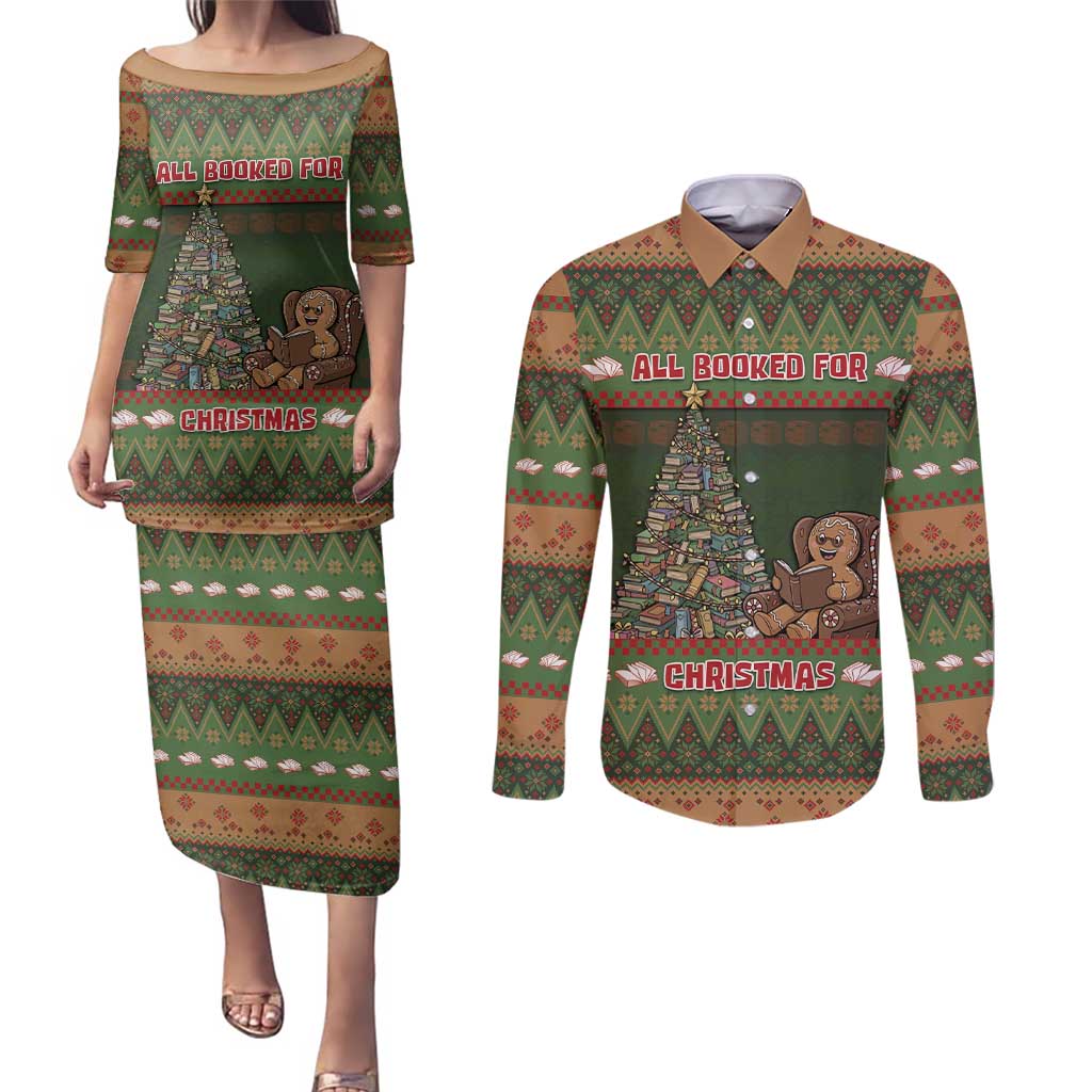 Book Lovers Christmas Couples Matching Puletasi and Long Sleeve Button Shirt Gingerbread With Xmas Book Tree - Wonder Print Shop