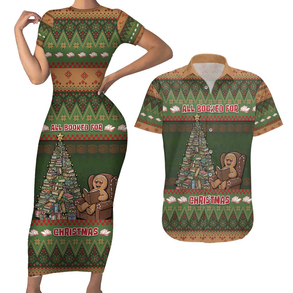 Book Lovers Christmas Couples Matching Short Sleeve Bodycon Dress and Hawaiian Shirt Gingerbread With Xmas Book Tree - Wonder Print Shop