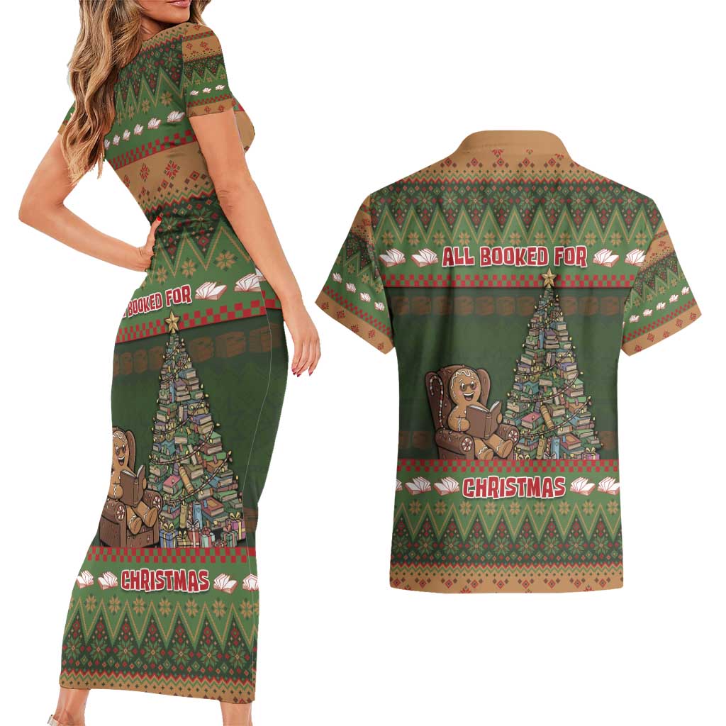 Book Lovers Christmas Couples Matching Short Sleeve Bodycon Dress and Hawaiian Shirt Gingerbread With Xmas Book Tree - Wonder Print Shop