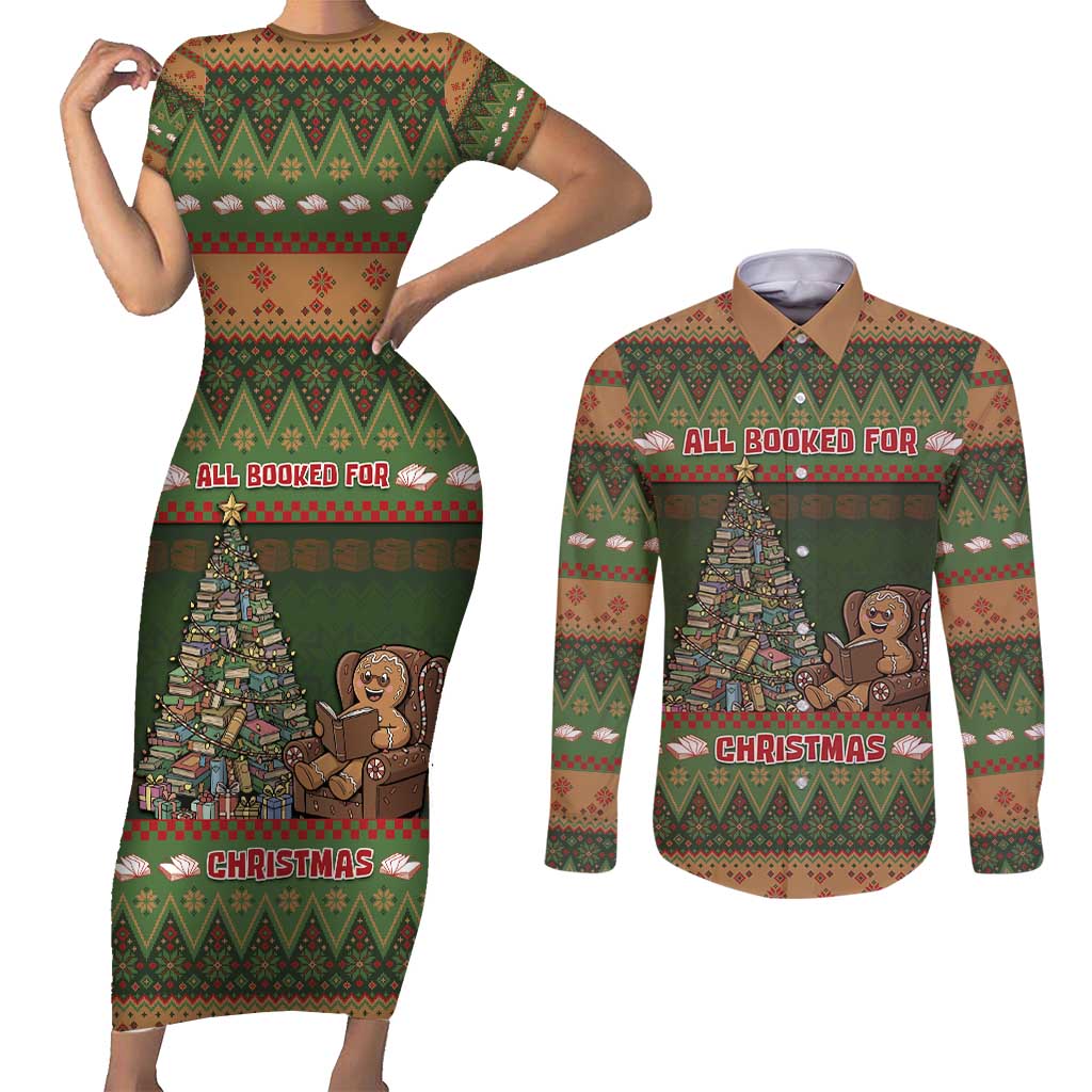Book Lovers Christmas Couples Matching Short Sleeve Bodycon Dress and Long Sleeve Button Shirt Gingerbread With Xmas Book Tree - Wonder Print Shop