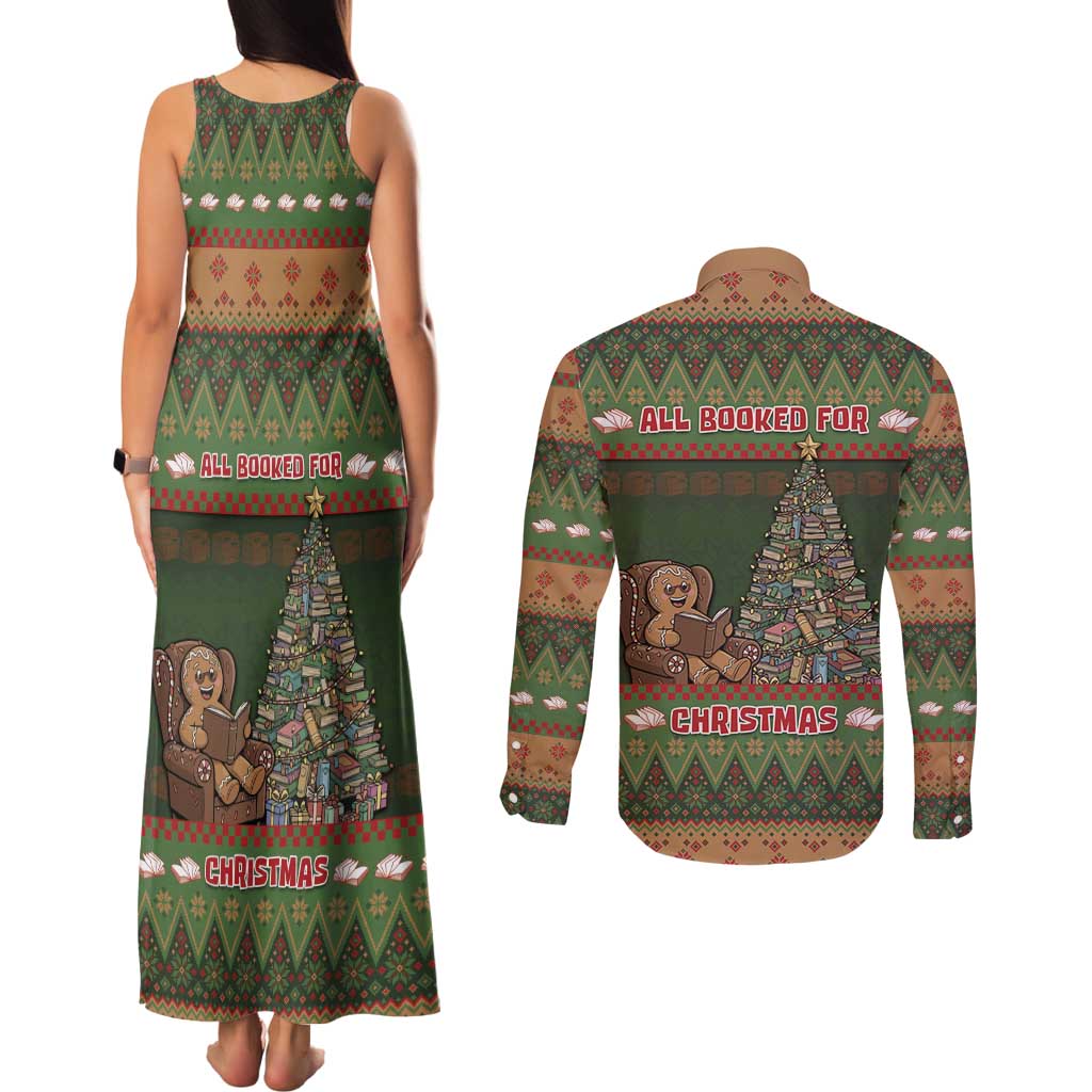 Book Lovers Christmas Couples Matching Tank Maxi Dress and Long Sleeve Button Shirt Gingerbread With Xmas Book Tree - Wonder Print Shop