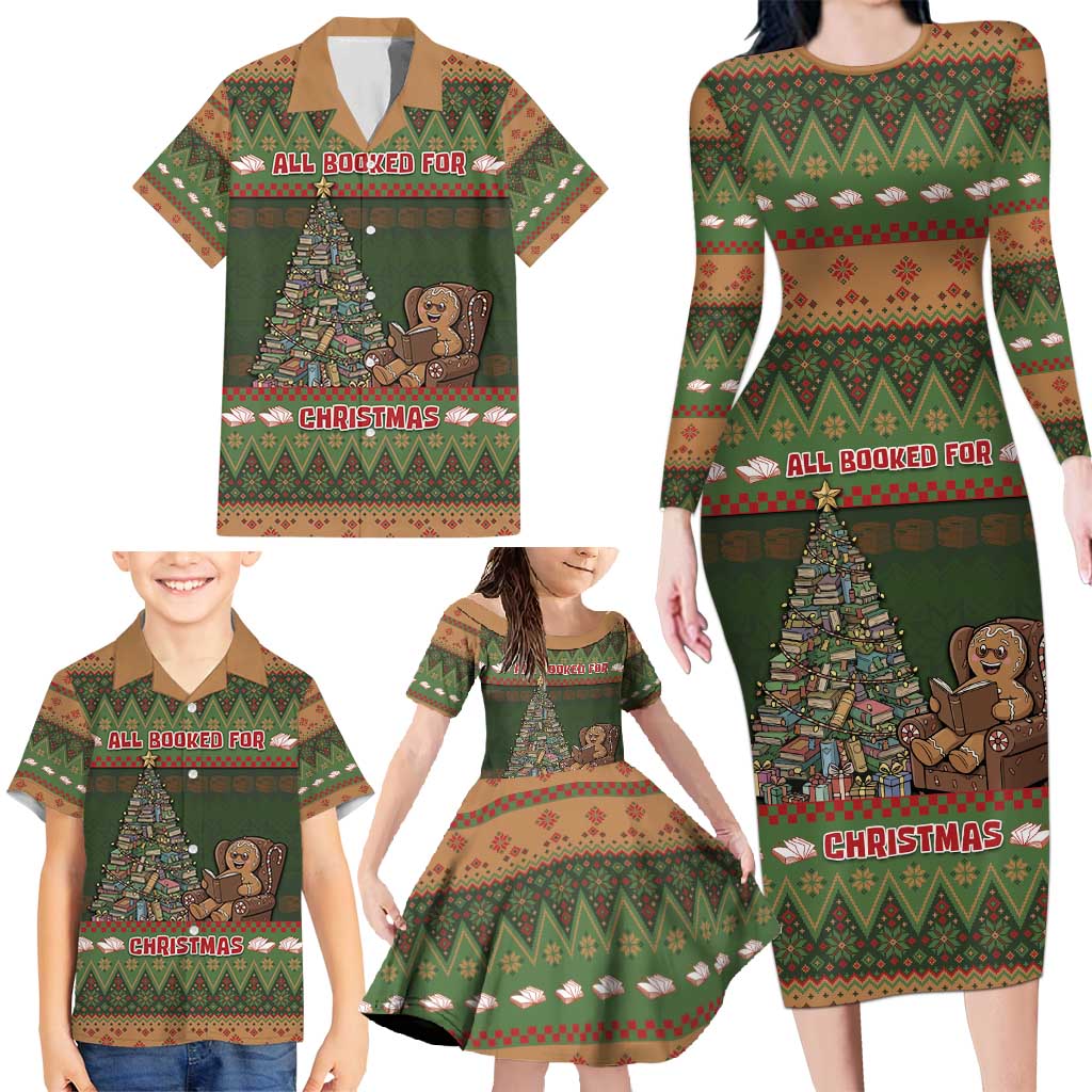 Book Lovers Christmas Family Matching Long Sleeve Bodycon Dress and Hawaiian Shirt Gingerbread With Xmas Book Tree - Wonder Print Shop
