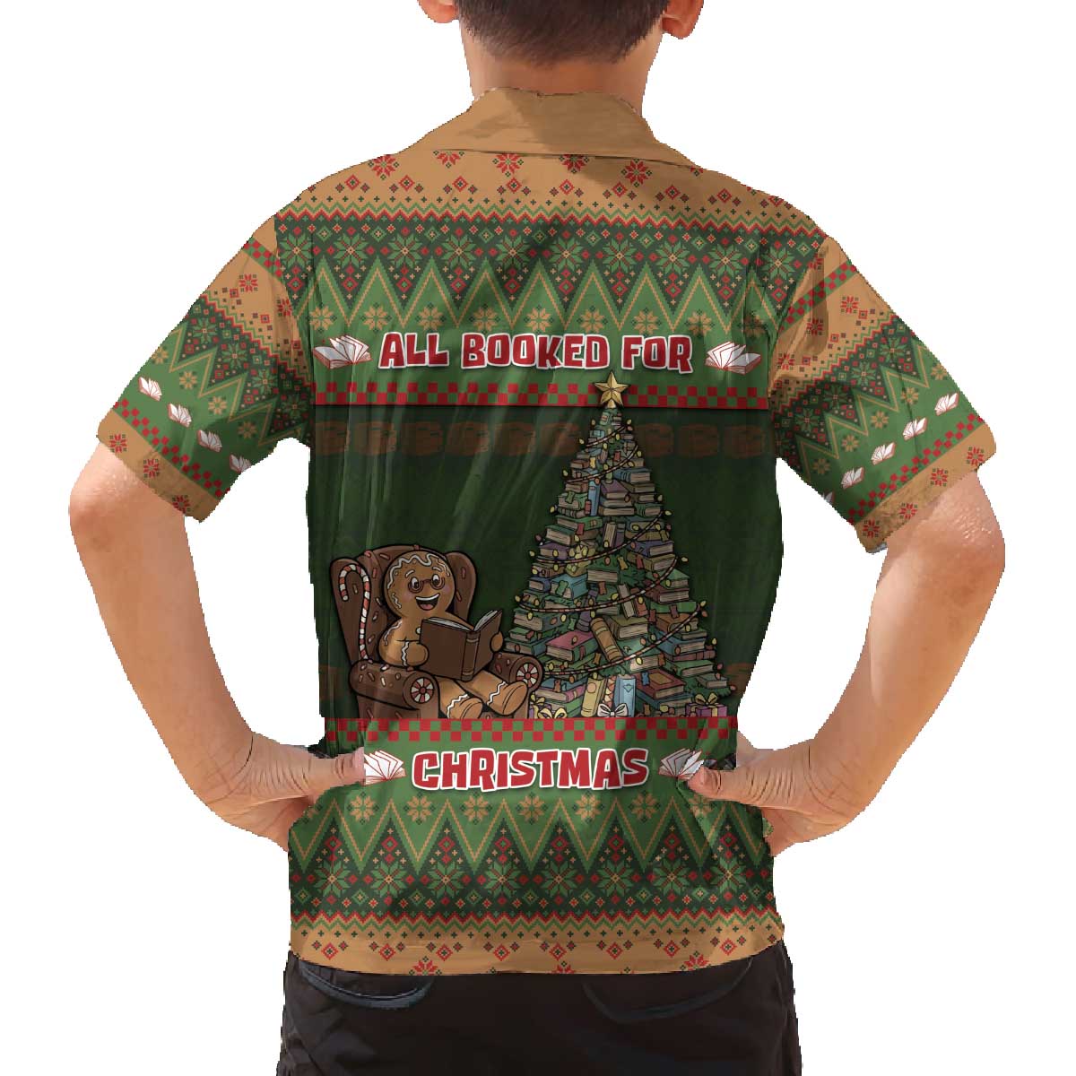 Book Lovers Christmas Family Matching Off The Shoulder Long Sleeve Dress and Hawaiian Shirt Gingerbread With Xmas Book Tree - Wonder Print Shop
