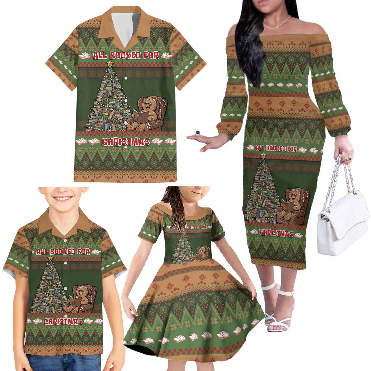 Book Lovers Christmas Family Matching Off The Shoulder Long Sleeve Dress and Hawaiian Shirt Gingerbread With Xmas Book Tree - Wonder Print Shop
