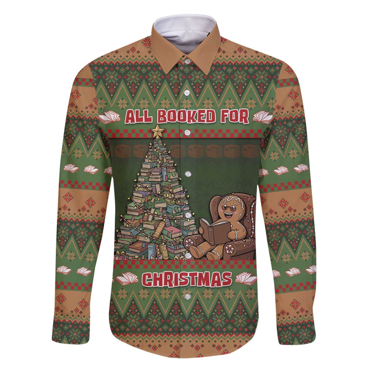Book Lovers Christmas Family Matching Off The Shoulder Long Sleeve Dress and Hawaiian Shirt Gingerbread With Xmas Book Tree - Wonder Print Shop