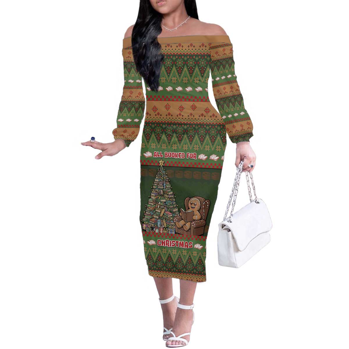 Book Lovers Christmas Family Matching Off The Shoulder Long Sleeve Dress and Hawaiian Shirt Gingerbread With Xmas Book Tree - Wonder Print Shop