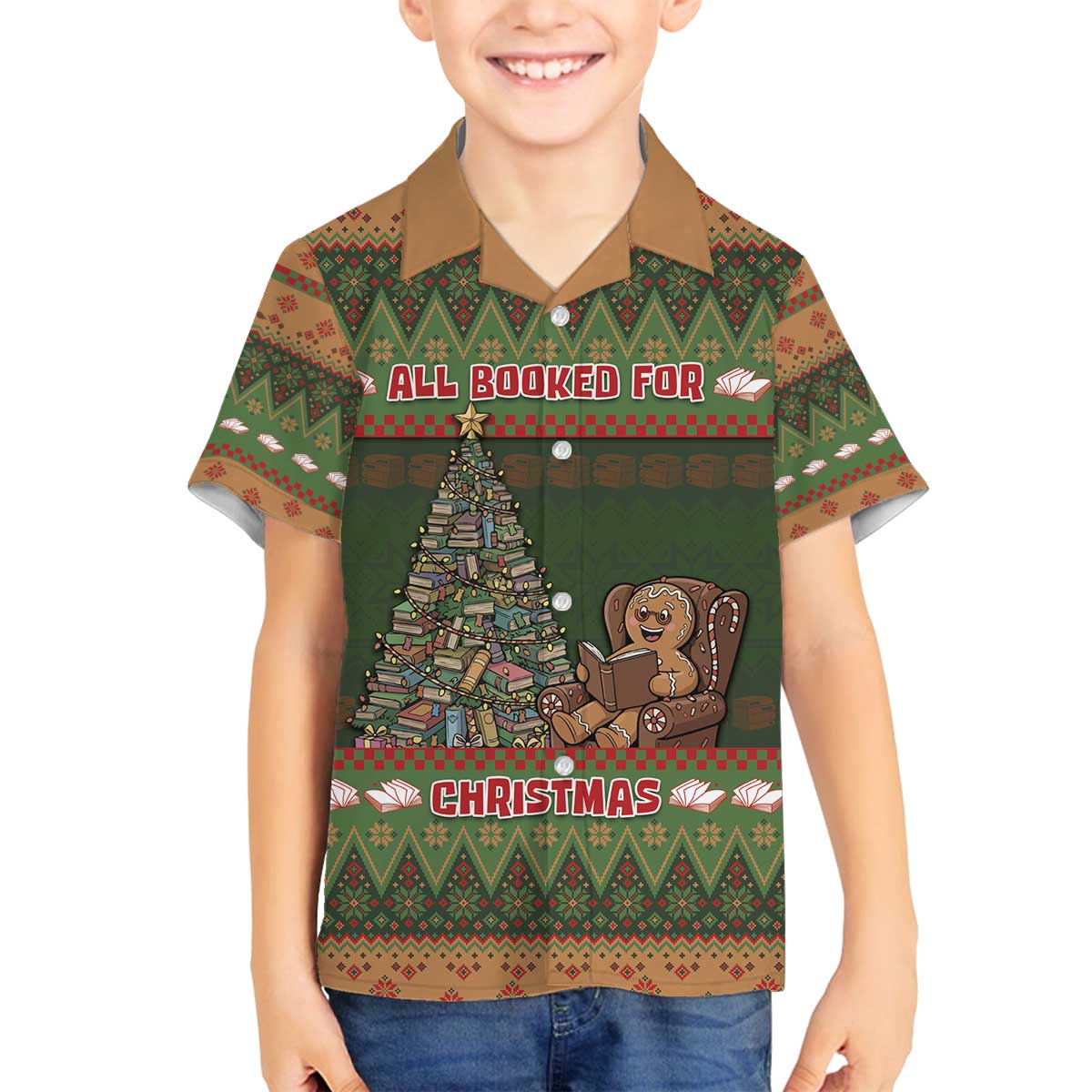 Book Lovers Christmas Family Matching Off The Shoulder Long Sleeve Dress and Hawaiian Shirt Gingerbread With Xmas Book Tree - Wonder Print Shop