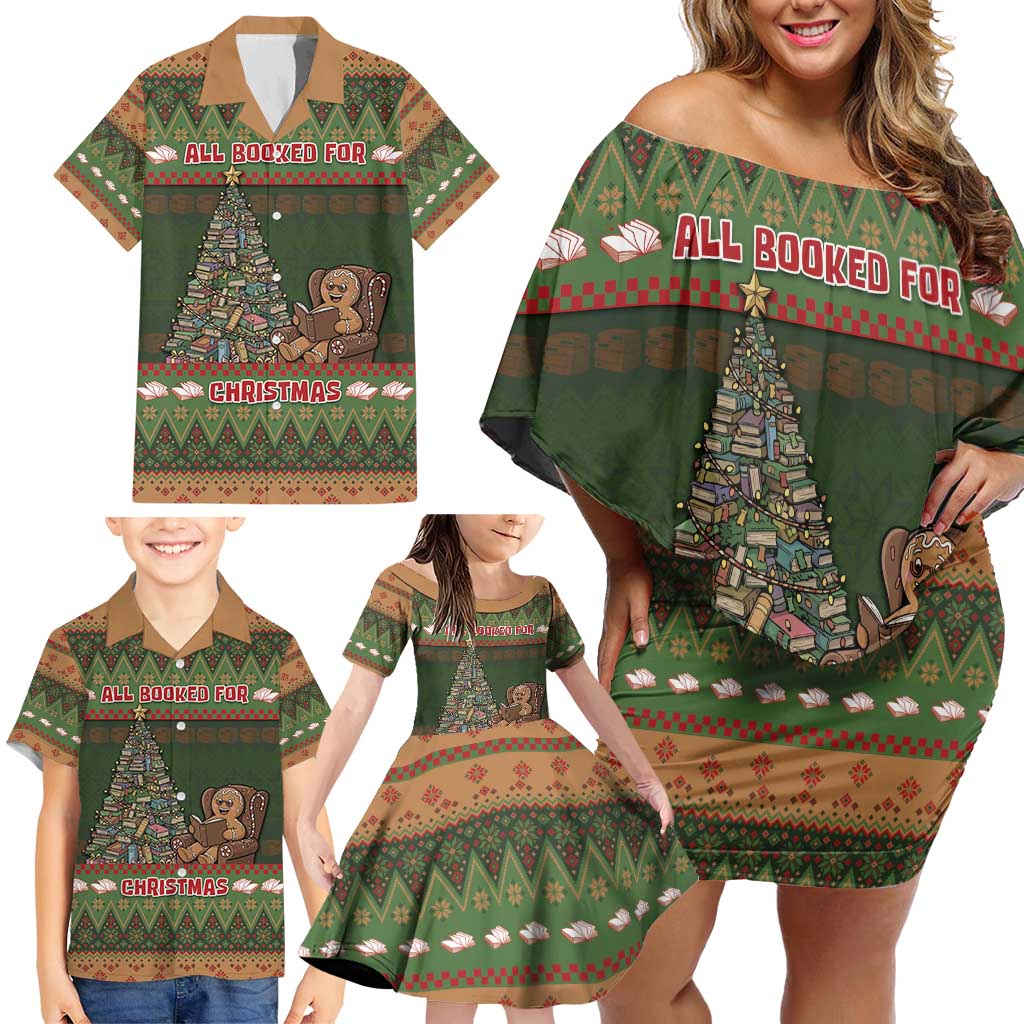 Book Lovers Christmas Family Matching Off Shoulder Short Dress and Hawaiian Shirt Gingerbread With Xmas Book Tree - Wonder Print Shop
