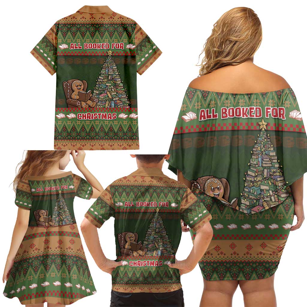 Book Lovers Christmas Family Matching Off Shoulder Short Dress and Hawaiian Shirt Gingerbread With Xmas Book Tree - Wonder Print Shop