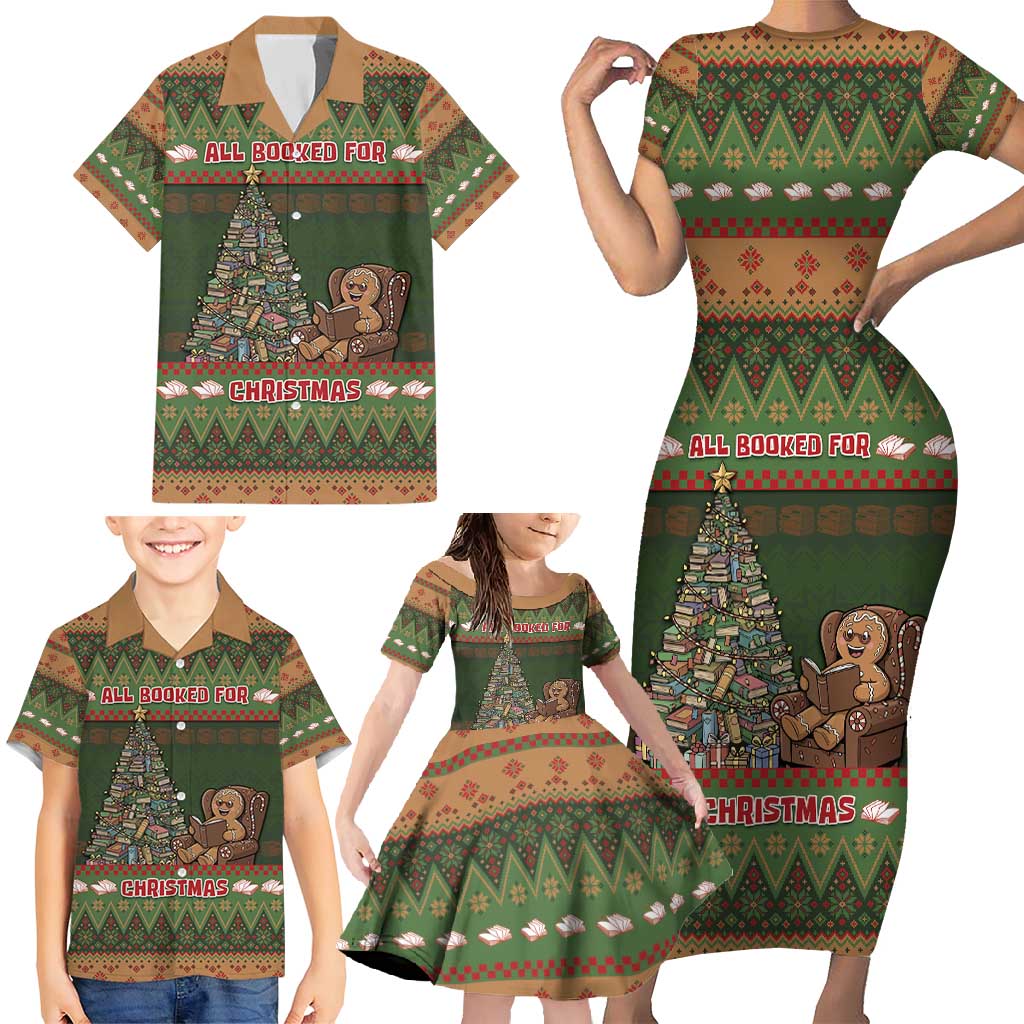 Book Lovers Christmas Family Matching Short Sleeve Bodycon Dress and Hawaiian Shirt Gingerbread With Xmas Book Tree - Wonder Print Shop
