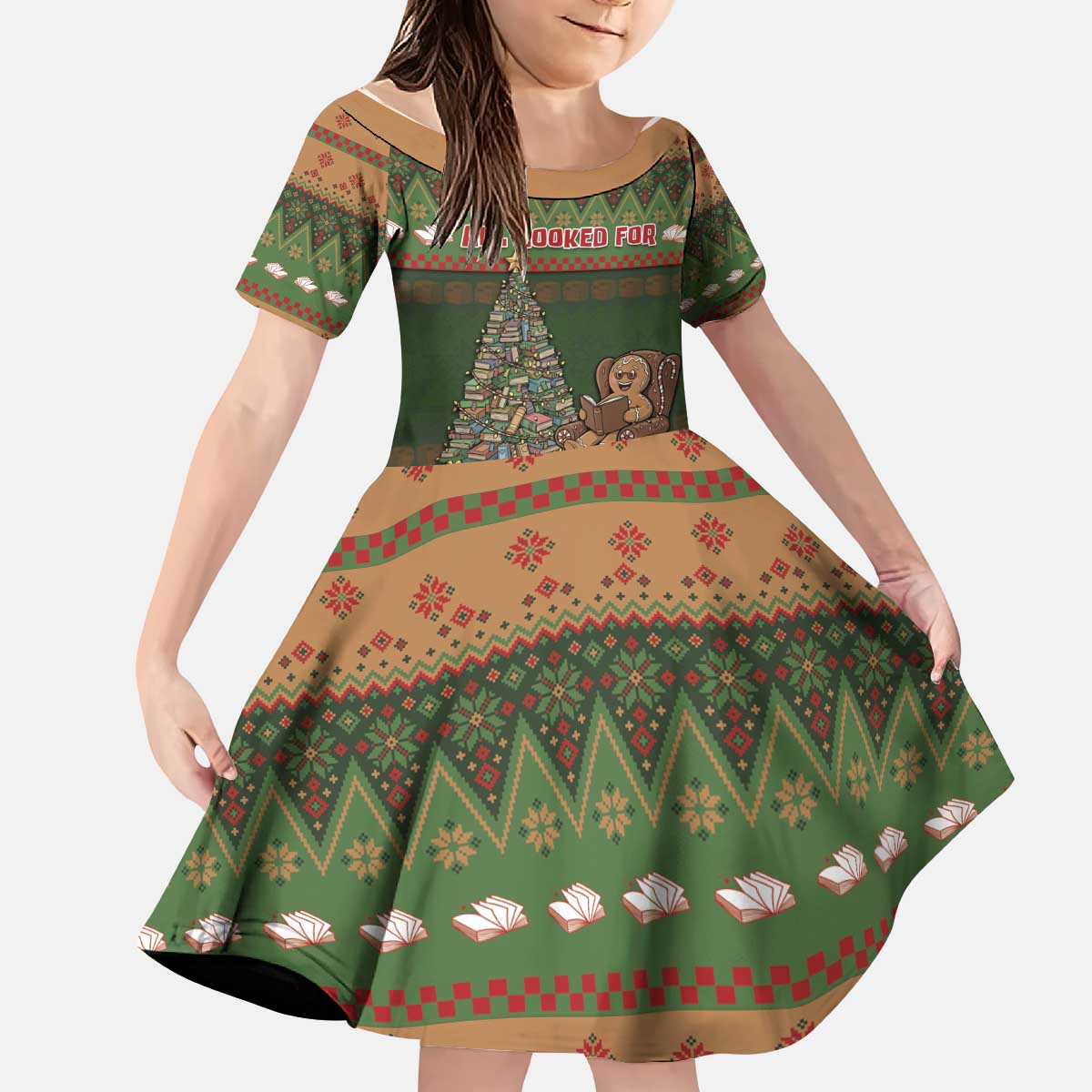 Book Lovers Christmas Kid Short Sleeve Dress Gingerbread With Xmas Book Tree - Wonder Print Shop