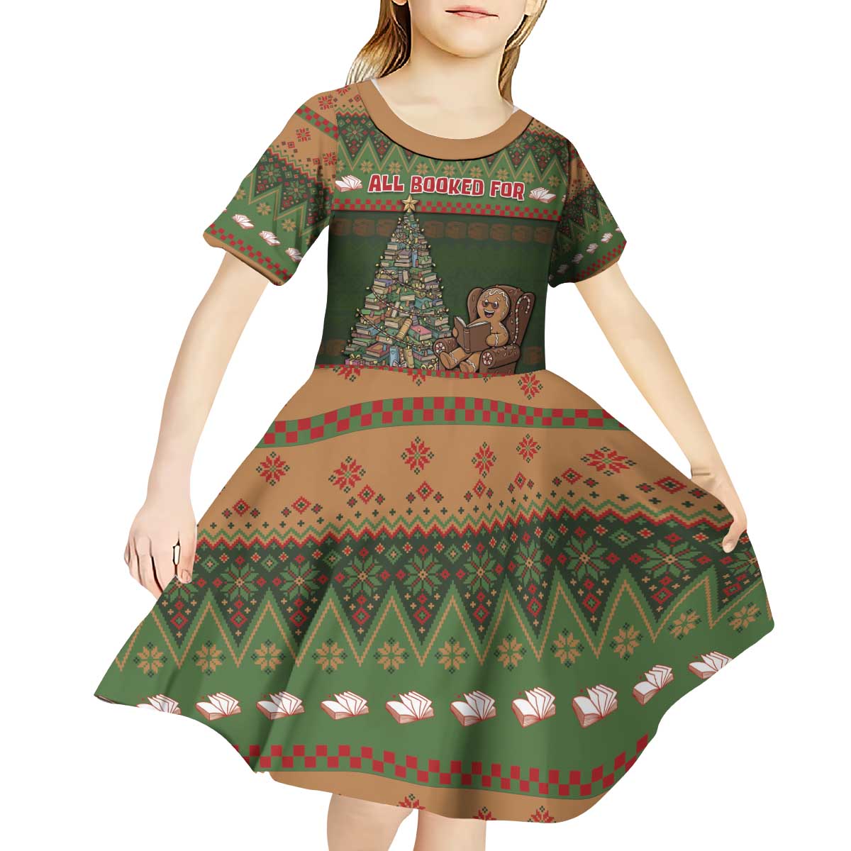 Book Lovers Christmas Kid Short Sleeve Dress Gingerbread With Xmas Book Tree - Wonder Print Shop