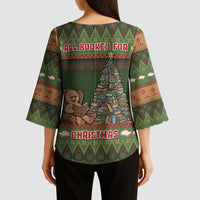 Book Lovers Christmas Kimono Sleeve Blouse Gingerbread With Xmas Book Tree - Wonder Print Shop