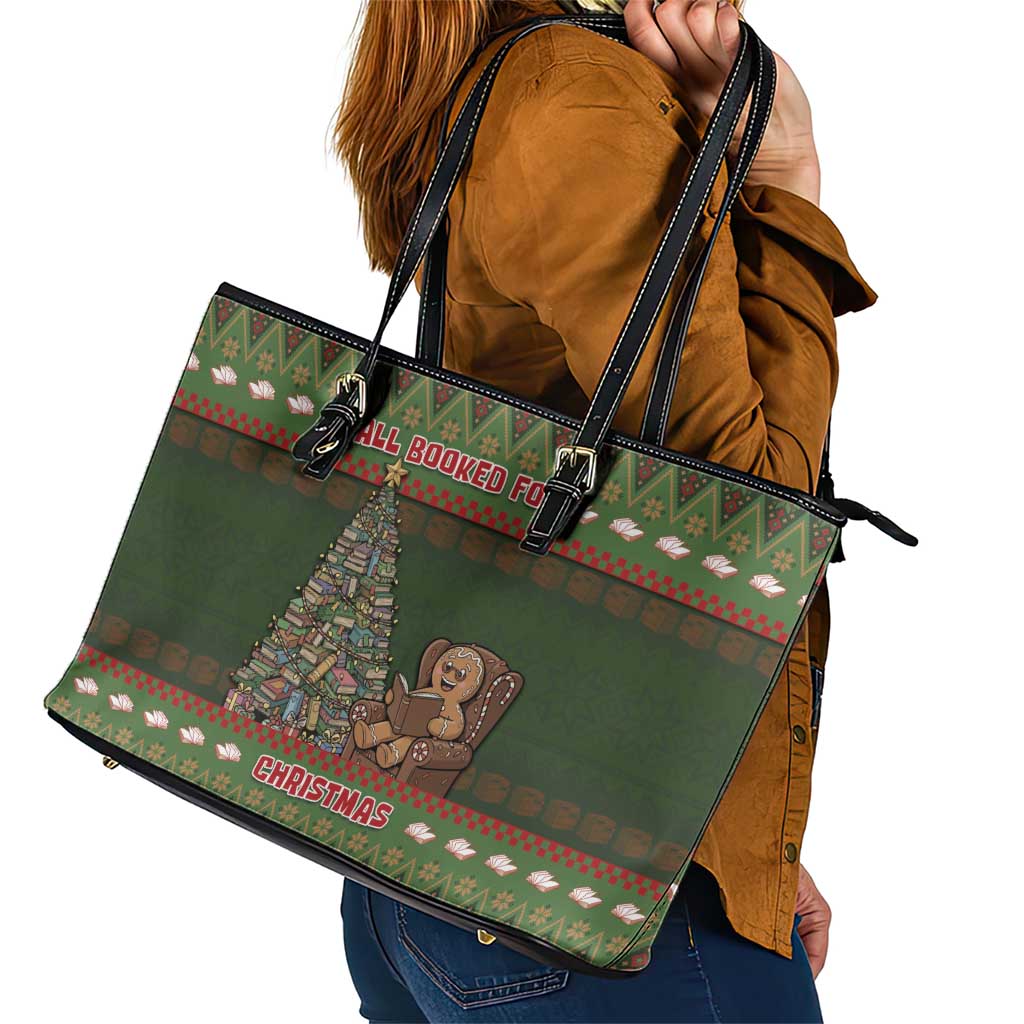 Book Lovers Christmas Leather Tote Bag Gingerbread With Xmas Book Tree - Wonder Print Shop