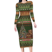 Book Lovers Christmas Long Sleeve Bodycon Dress Gingerbread With Xmas Book Tree - Wonder Print Shop