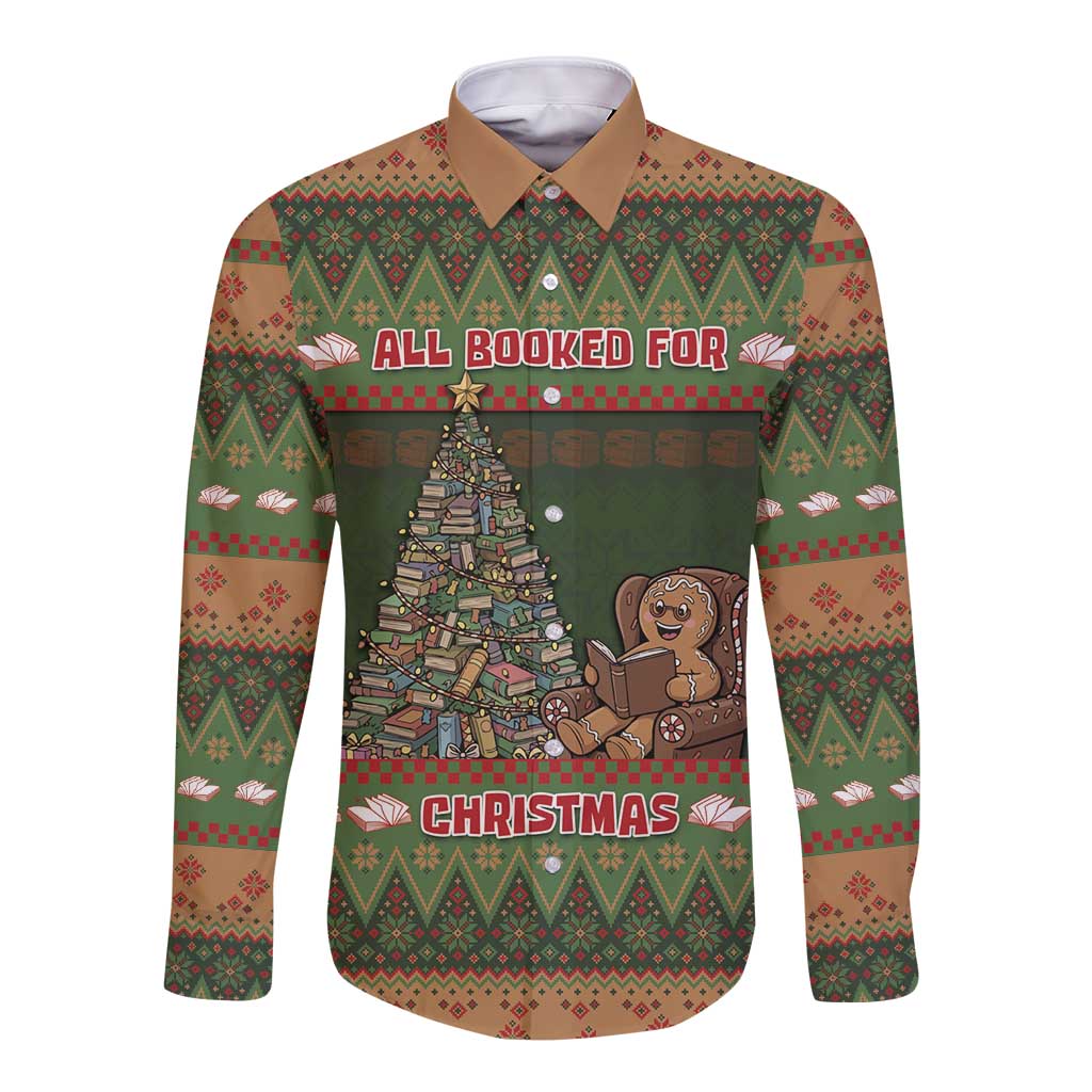 Book Lovers Christmas Long Sleeve Button Shirt Gingerbread With Xmas Book Tree - Wonder Print Shop