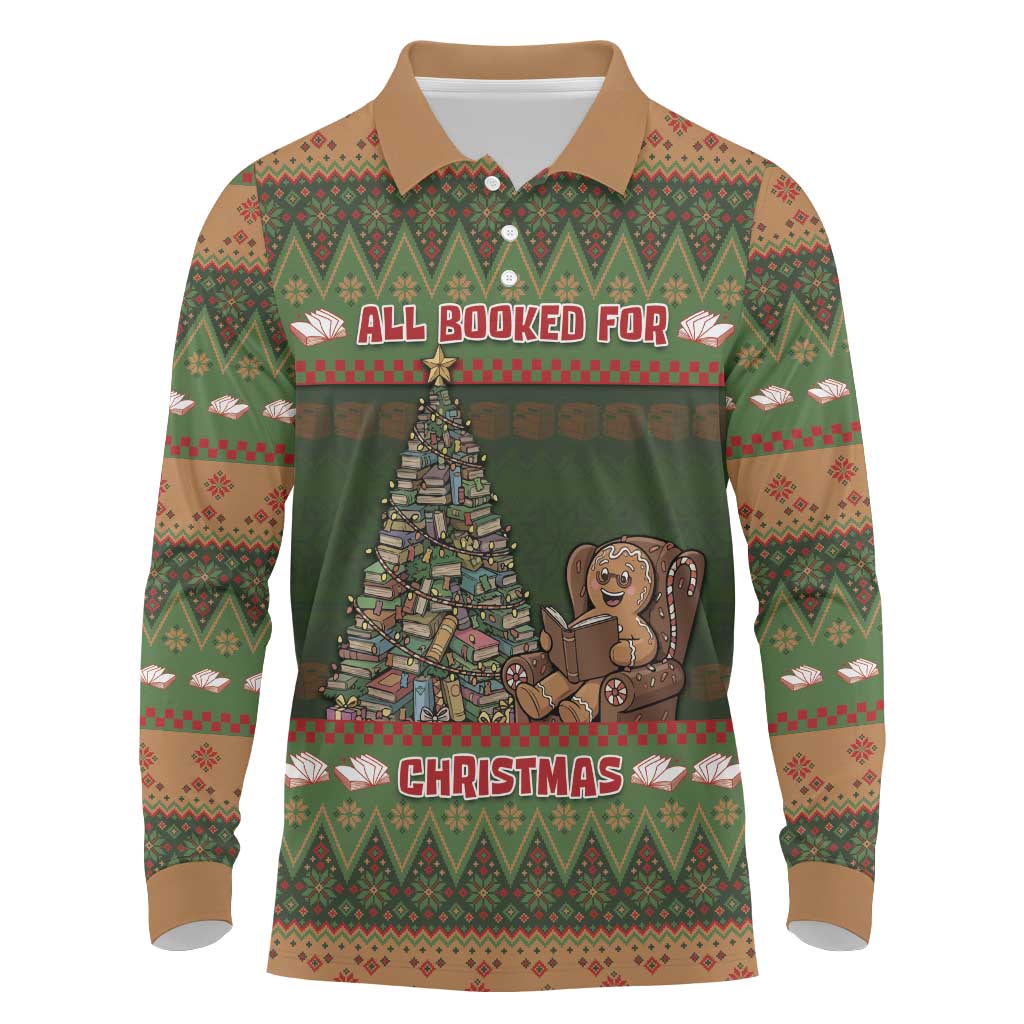 Book Lovers Christmas Long Sleeve Polo Shirt Gingerbread With Xmas Book Tree - Wonder Print Shop