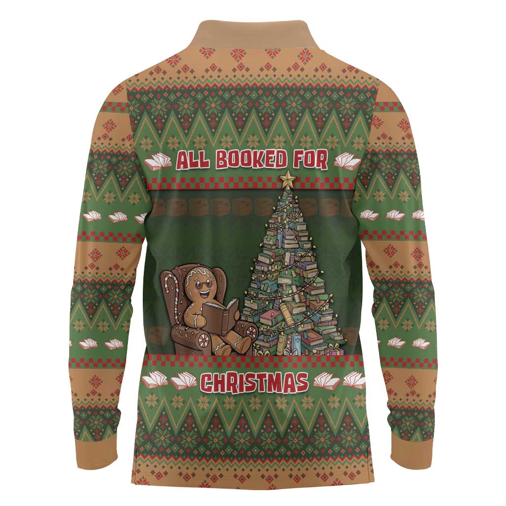 Book Lovers Christmas Long Sleeve Polo Shirt Gingerbread With Xmas Book Tree - Wonder Print Shop