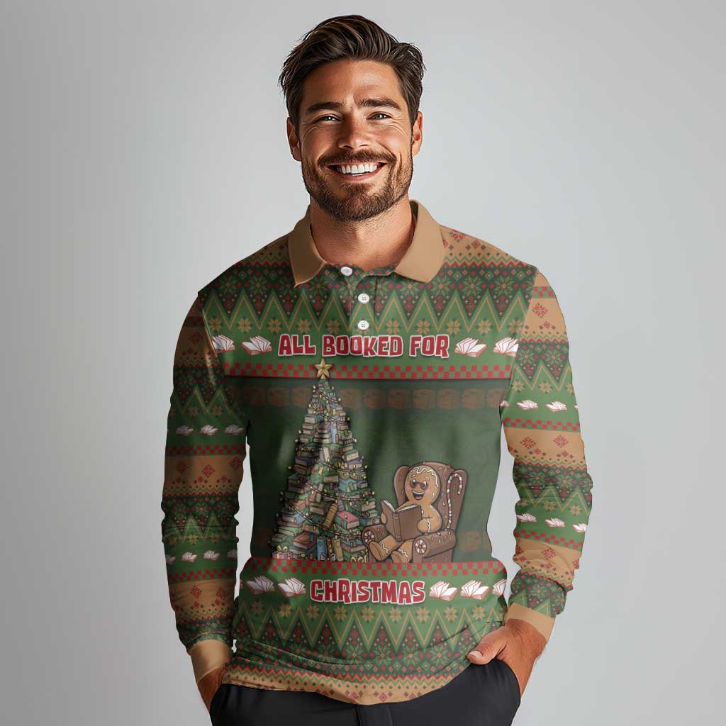 Book Lovers Christmas Long Sleeve Polo Shirt Gingerbread With Xmas Book Tree - Wonder Print Shop