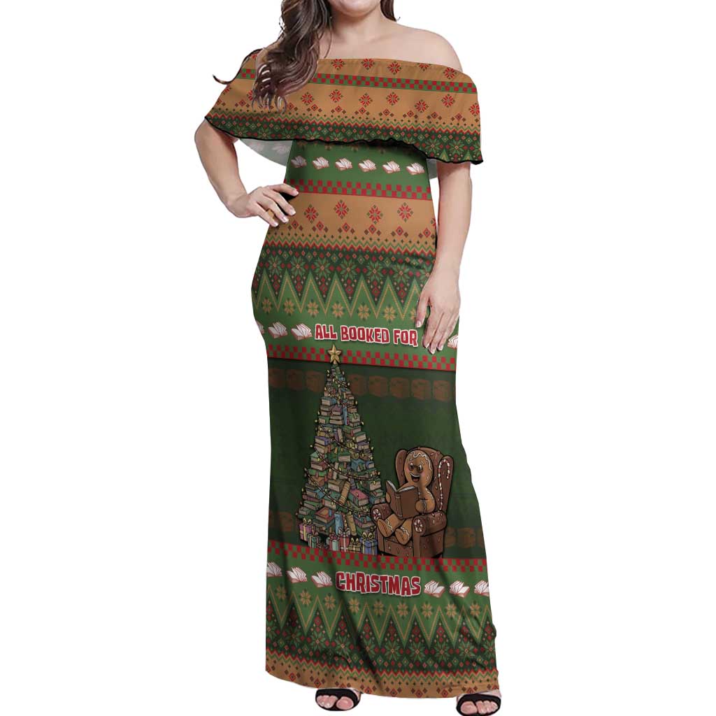Book Lovers Christmas Off Shoulder Maxi Dress Gingerbread With Xmas Book Tree - Wonder Print Shop