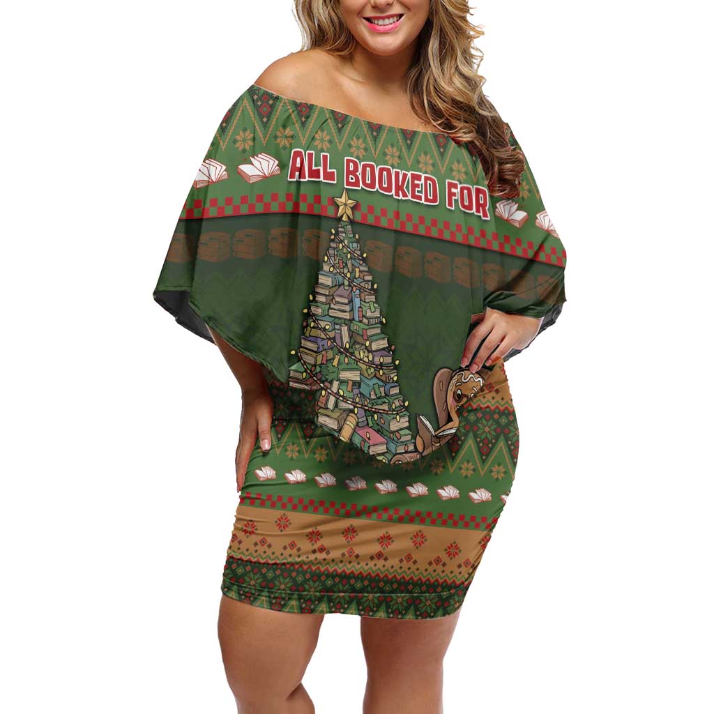Book Lovers Christmas Off Shoulder Short Dress Gingerbread With Xmas Book Tree - Wonder Print Shop
