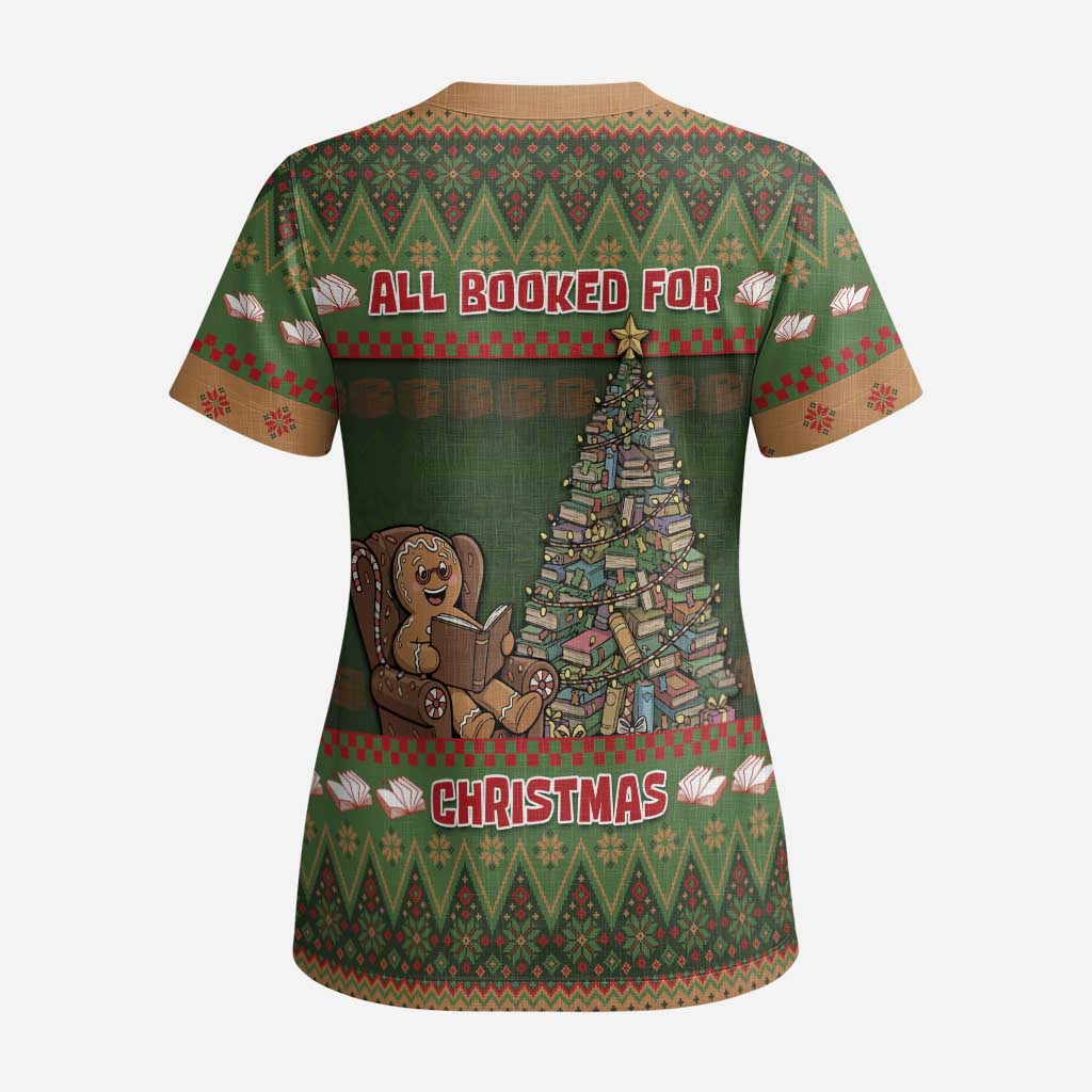 Book Lovers Christmas Scrub Top Gingerbread With Xmas Book Tree - Wonder Print Shop