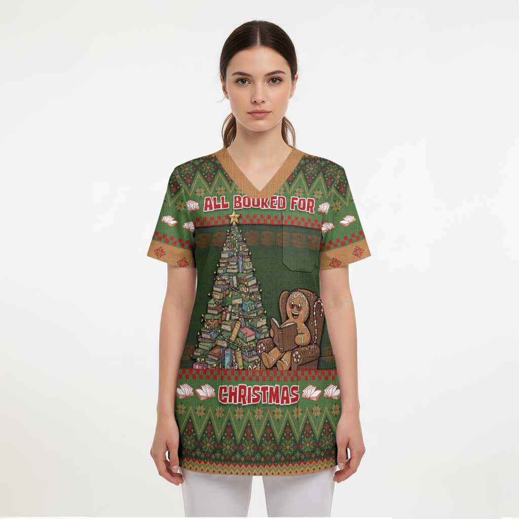 Book Lovers Christmas Scrub Top Gingerbread With Xmas Book Tree - Wonder Print Shop