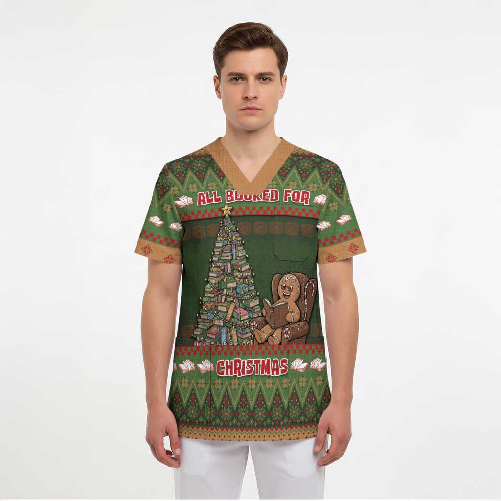 Book Lovers Christmas Scrub Top Gingerbread With Xmas Book Tree - Wonder Print Shop