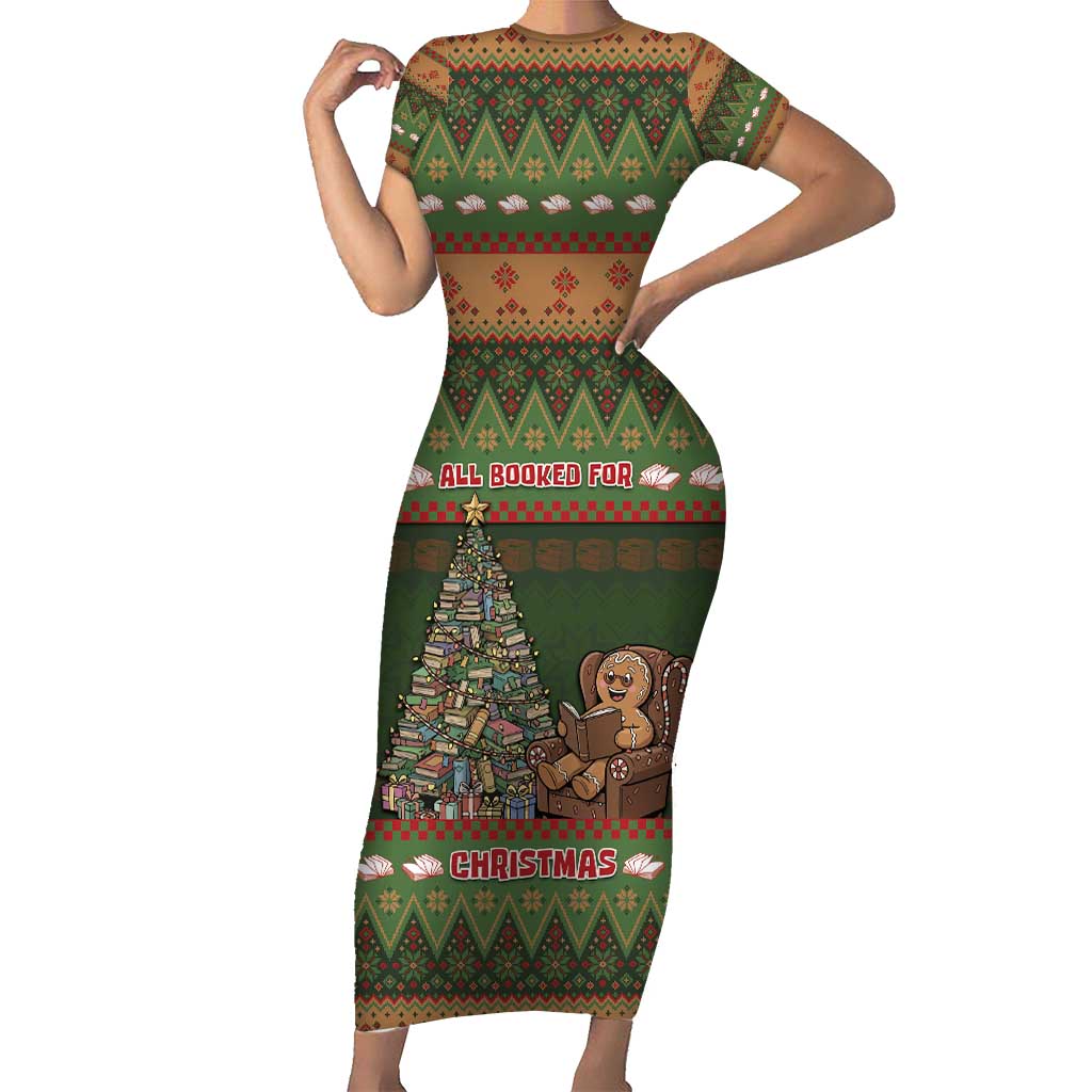 Book Lovers Christmas Short Sleeve Bodycon Dress Gingerbread With Xmas Book Tree - Wonder Print Shop
