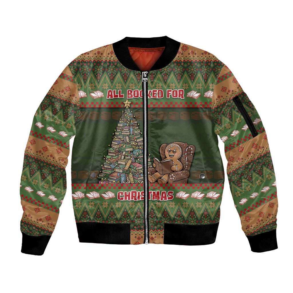 Book Lovers Christmas Sleeve Zip Bomber Jacket Gingerbread With Xmas Book Tree - Wonder Print Shop