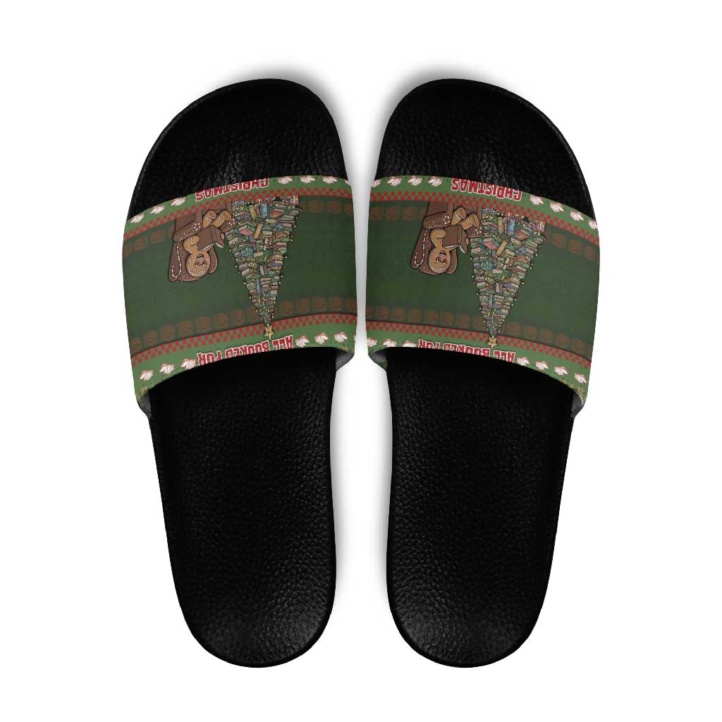 Book Lovers Christmas Slide Sandals Gingerbread With Xmas Book Tree - Wonder Print Shop
