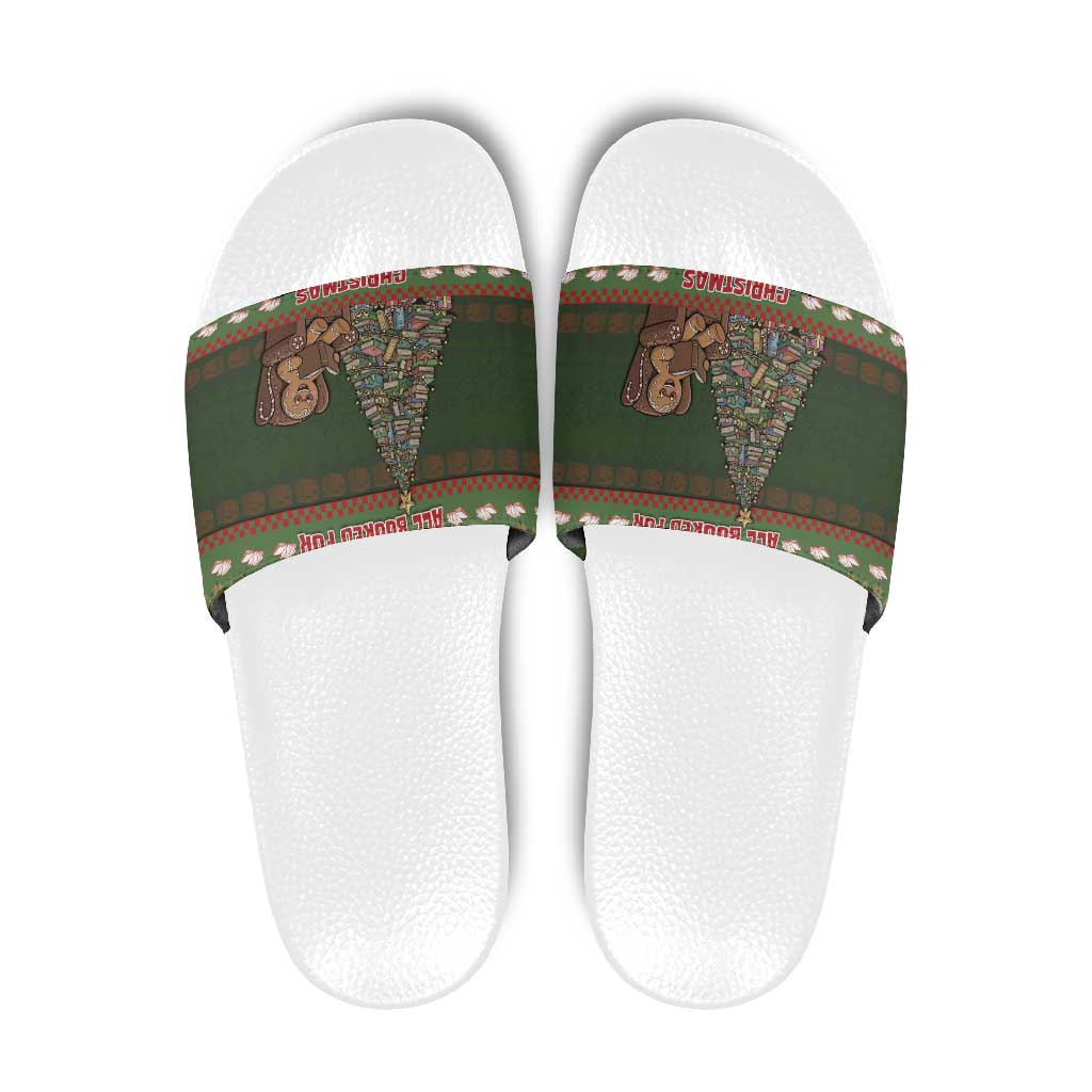 Book Lovers Christmas Slide Sandals Gingerbread With Xmas Book Tree - Wonder Print Shop