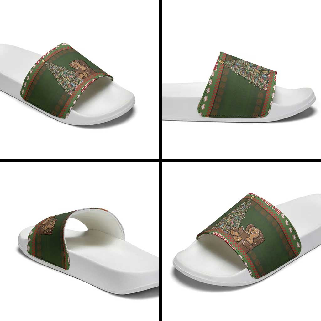 Book Lovers Christmas Slide Sandals Gingerbread With Xmas Book Tree - Wonder Print Shop