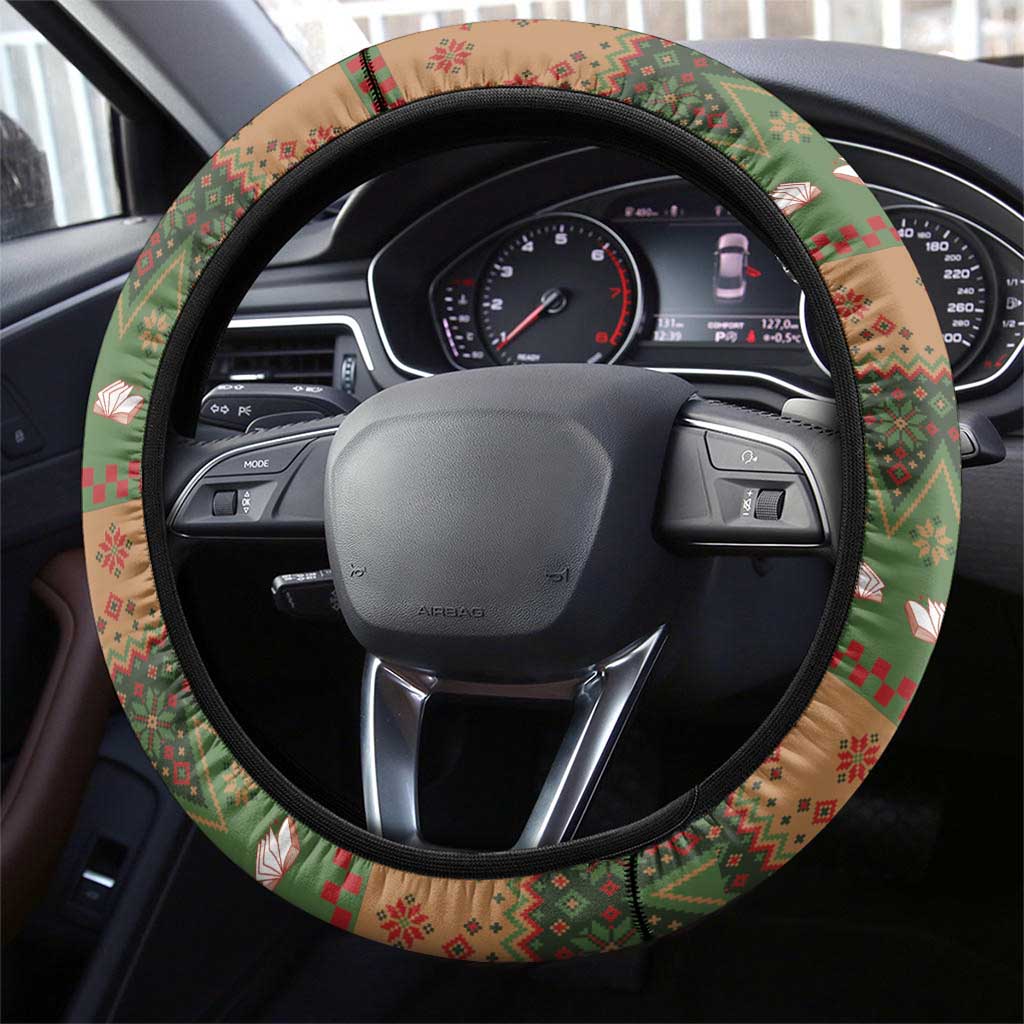 Book Lovers Christmas Steering Wheel Cover Gingerbread With Xmas Book Tree - Wonder Print Shop